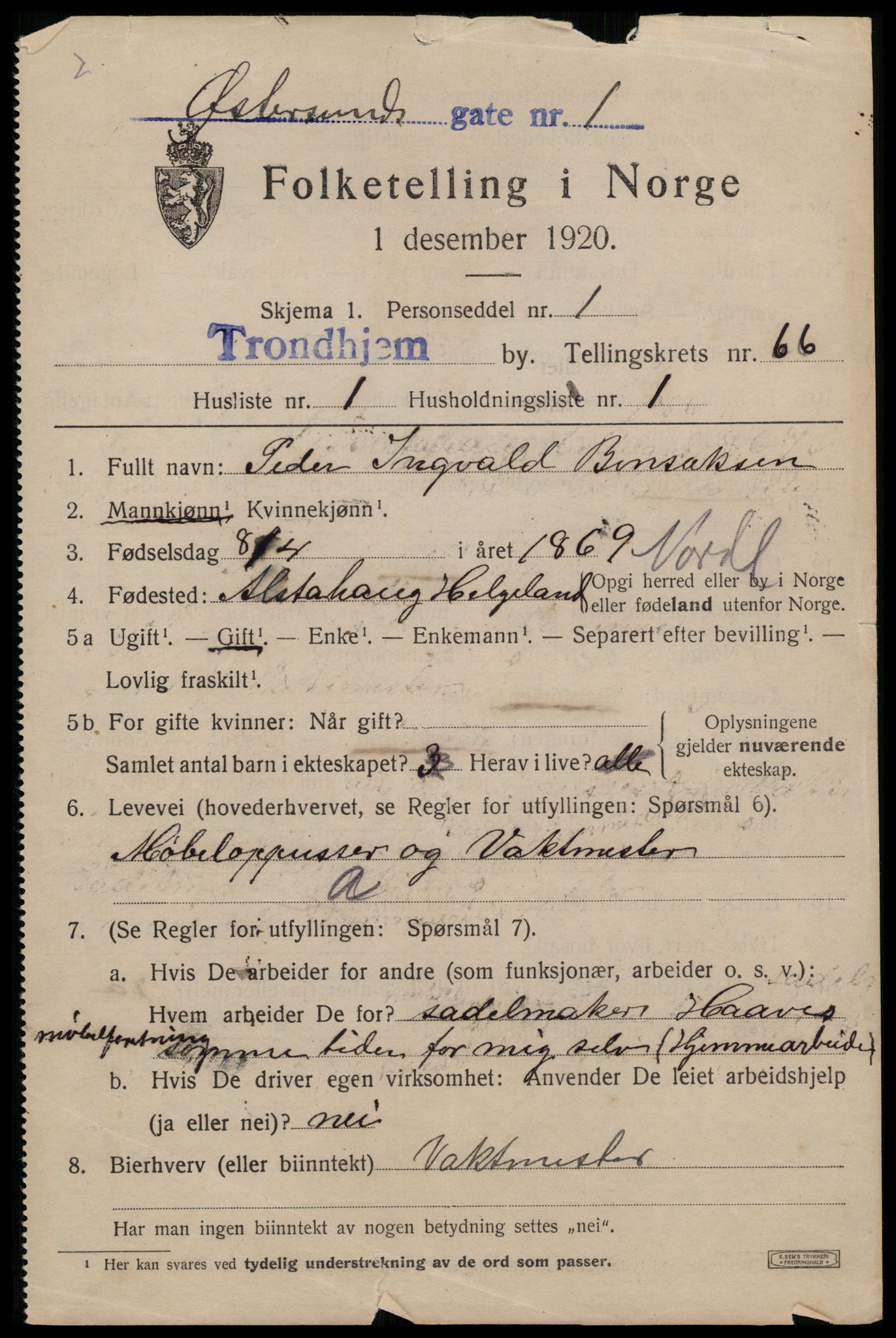 SAT, 1920 census for Trondheim, 1920, p. 130178