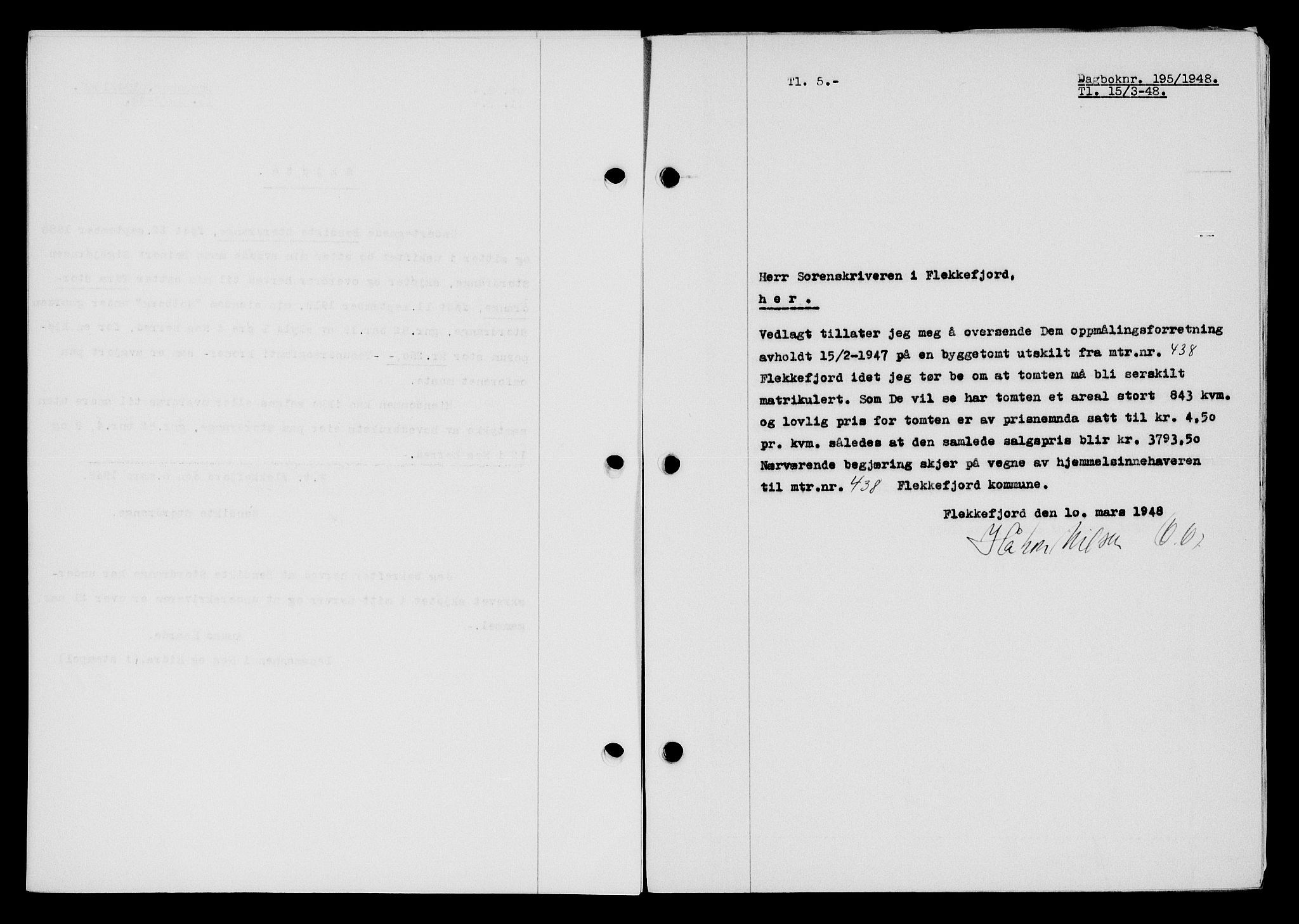 Flekkefjord sorenskriveri, SAK/1221-0001/G/Gb/Gba/L0063: Mortgage book no. A-11, 1947-1948, Diary no: : 195/1948