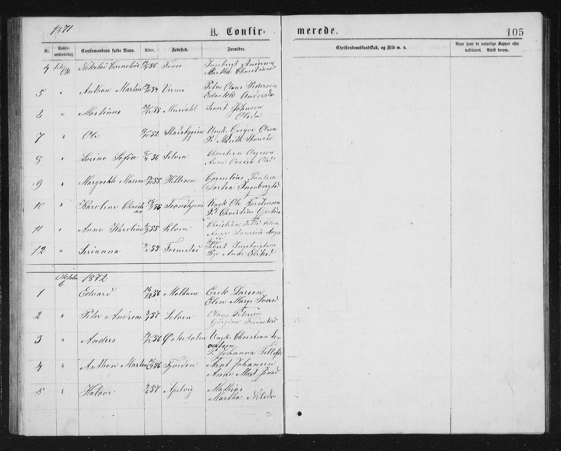 Ministerialprotokoller, klokkerbøker og fødselsregistre - Sør-Trøndelag, SAT/A-1456/662/L0756: Parish register (copy) no. 662C01, 1869-1891, p. 105