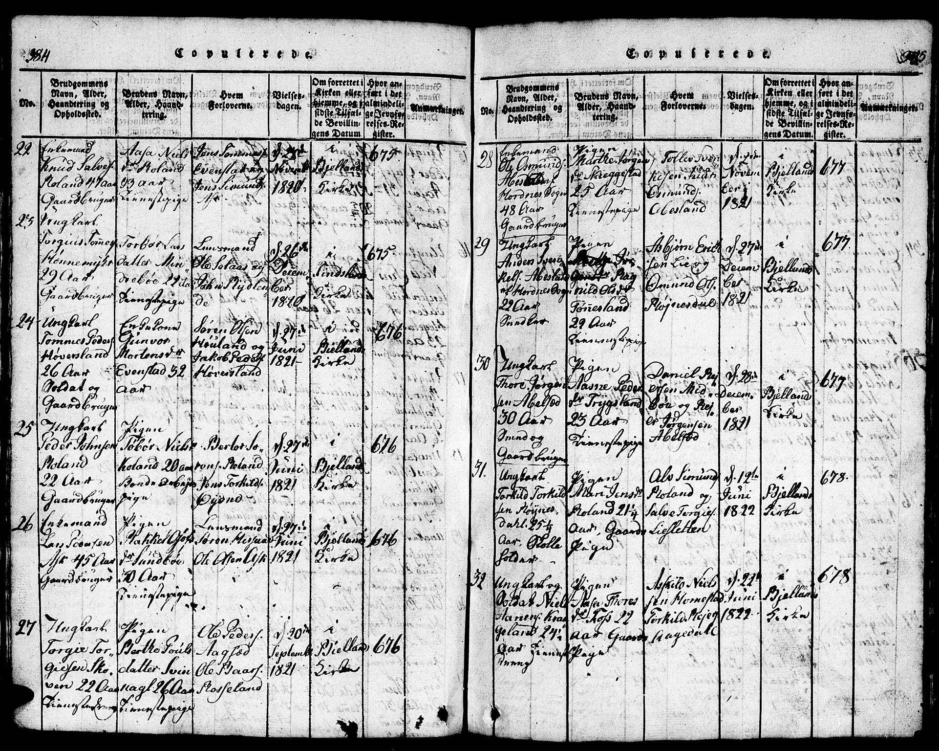 Bjelland sokneprestkontor, AV/SAK-1111-0005/F/Fb/Fba/L0003: Parish register (copy) no. B 3, 1816-1870, p. 384-385