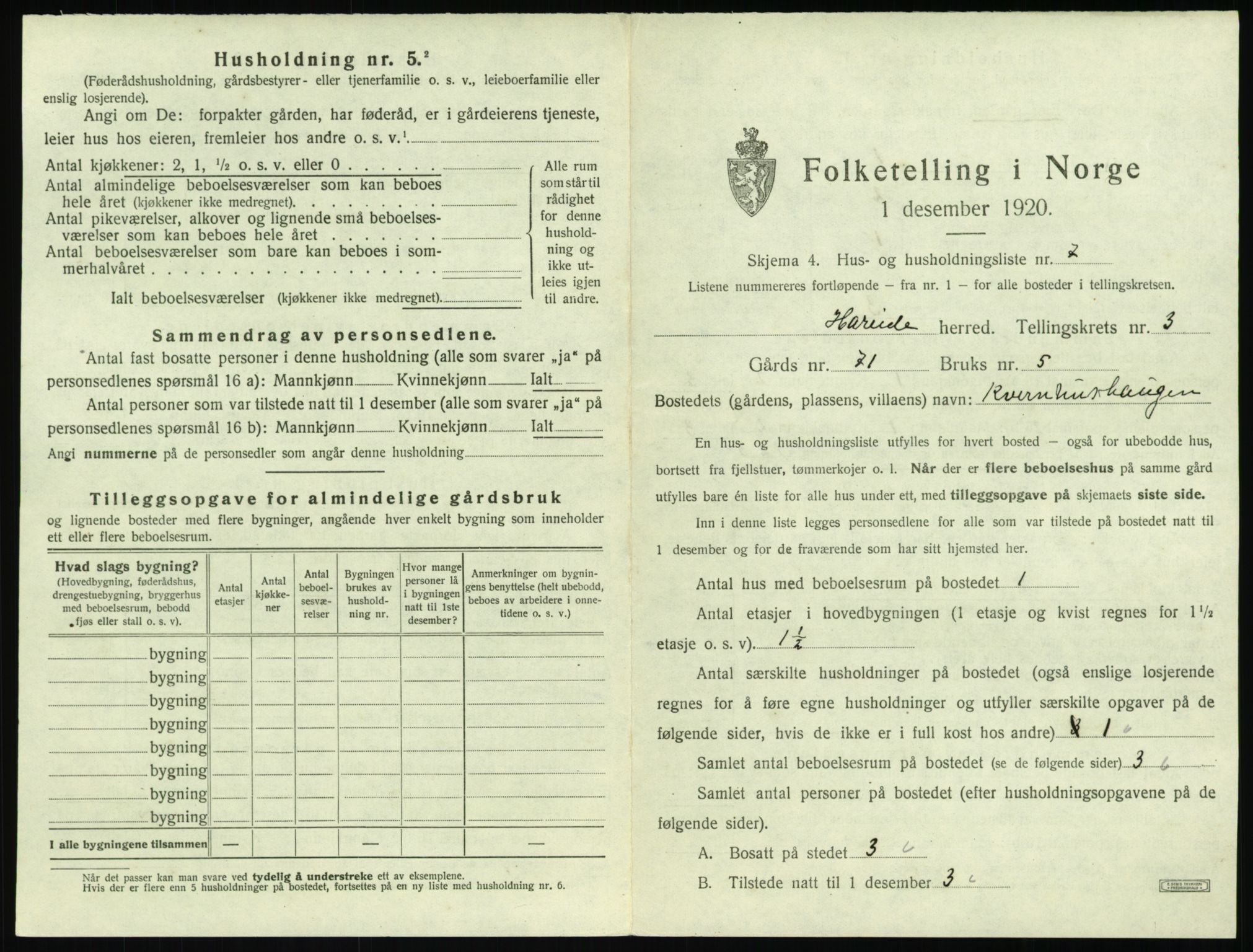 SAT, 1920 census for Hareid, 1920, p. 167