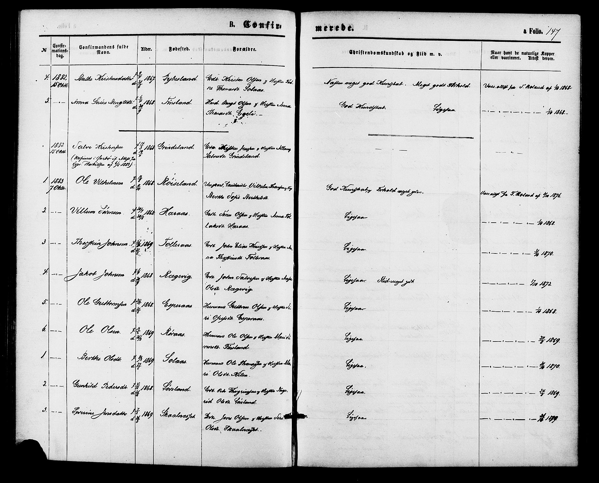 Bjelland sokneprestkontor, AV/SAK-1111-0005/F/Fa/Fab/L0003: Parish register (official) no. A 3, 1870-1887, p. 147