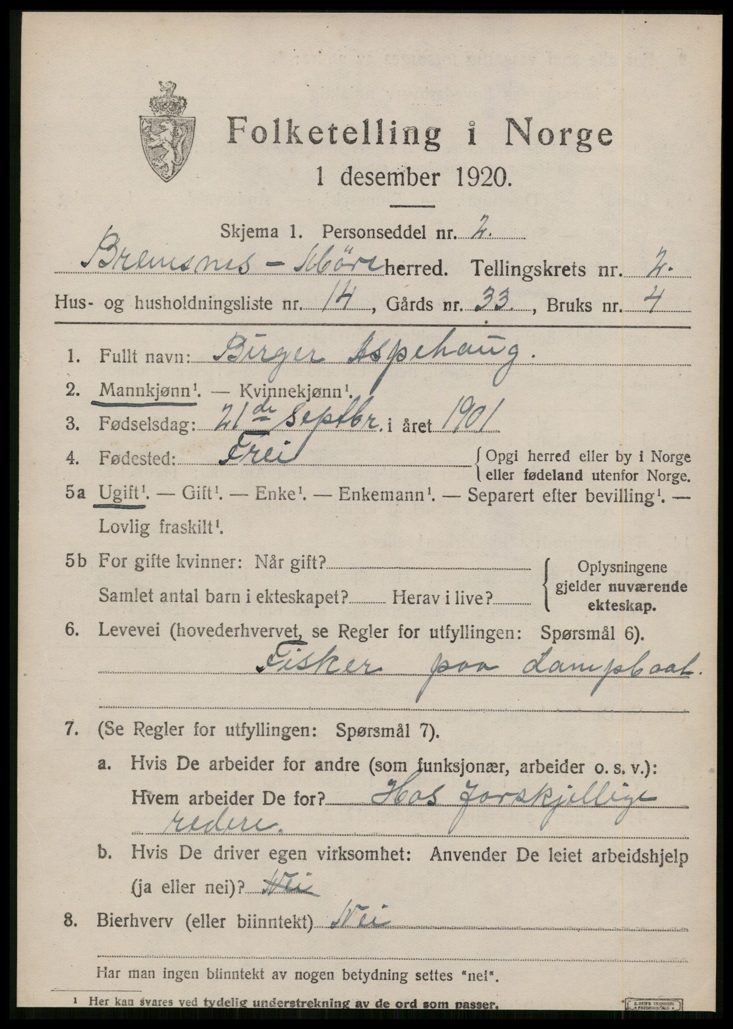 SAT, 1920 census for Bremsnes, 1920, p. 3171