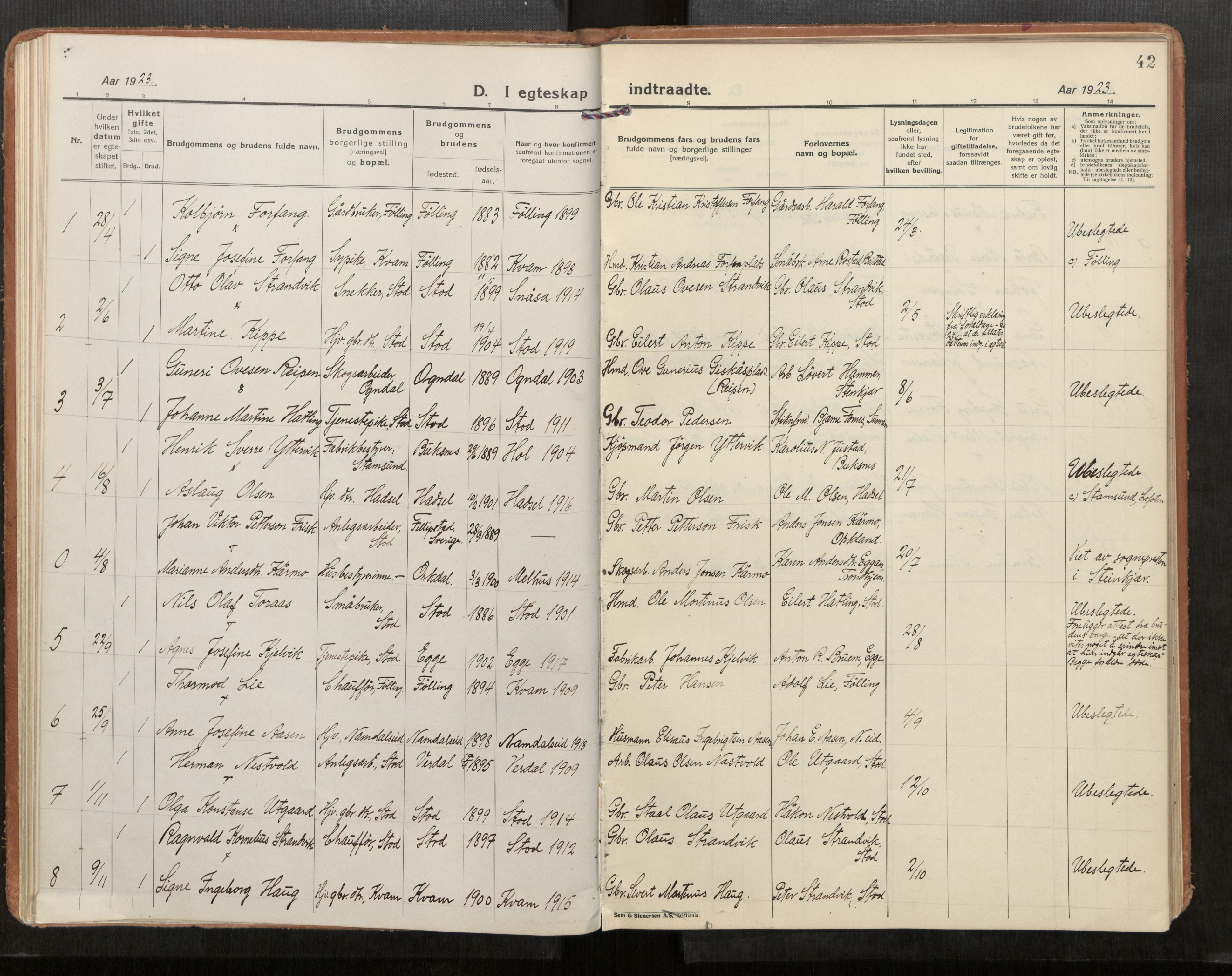 Stod sokneprestkontor, AV/SAT-A-1164/1/I/I1/I1a/L0005: Parish register (official) no. 5, 1923-1932, p. 42