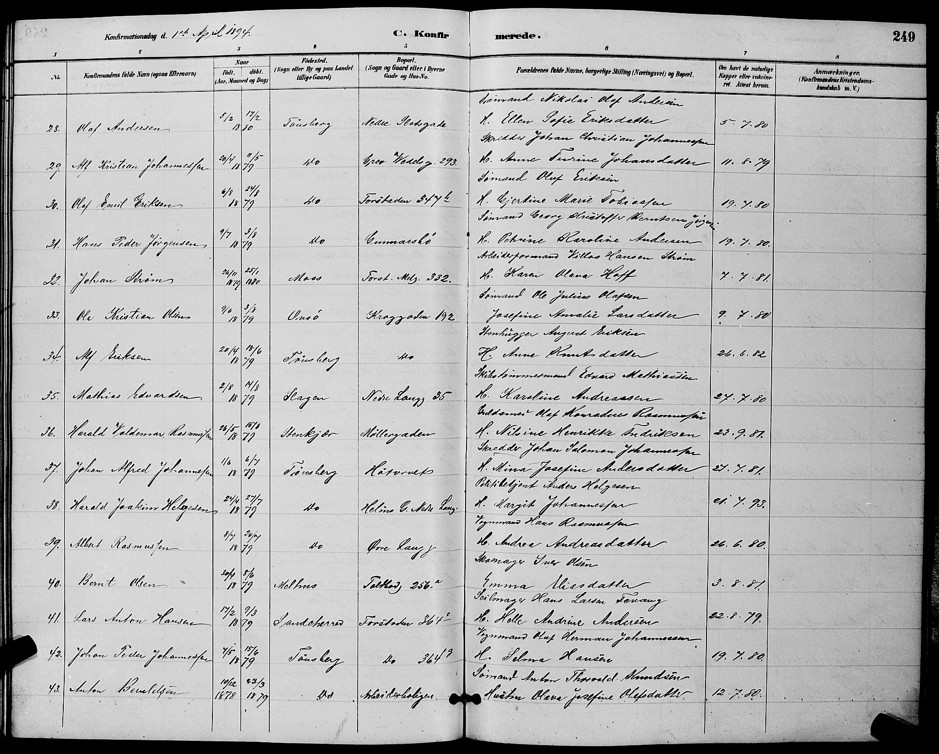 Tønsberg kirkebøker, AV/SAKO-A-330/G/Ga/L0006: Parish register (copy) no. 6, 1885-1895, p. 249
