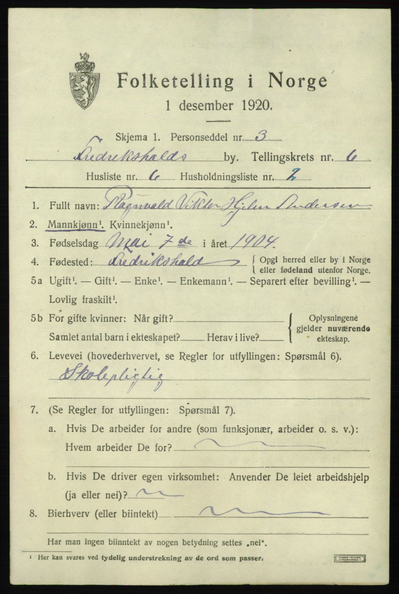 SAO, 1920 census for Fredrikshald, 1920, p. 12904