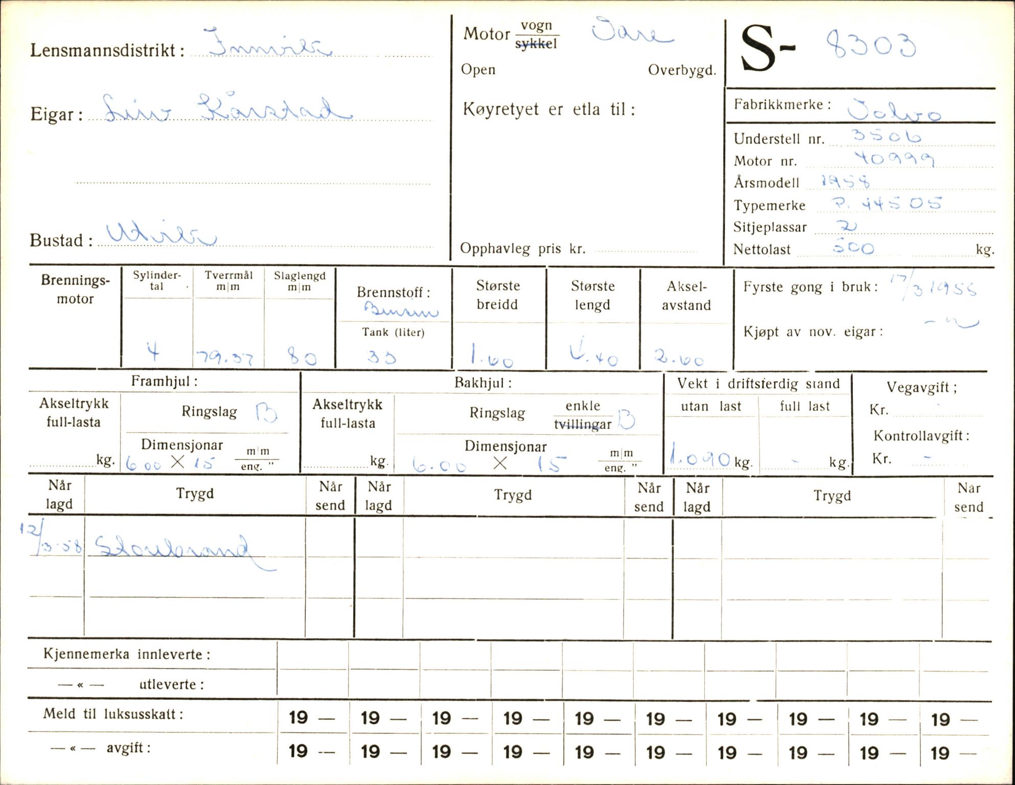 Statens vegvesen, Sogn og Fjordane vegkontor, AV/SAB-A-5301/4/F/L0006: Registerkort utmeldte Fjordane S8300-9500, 1930-1961, p. 6