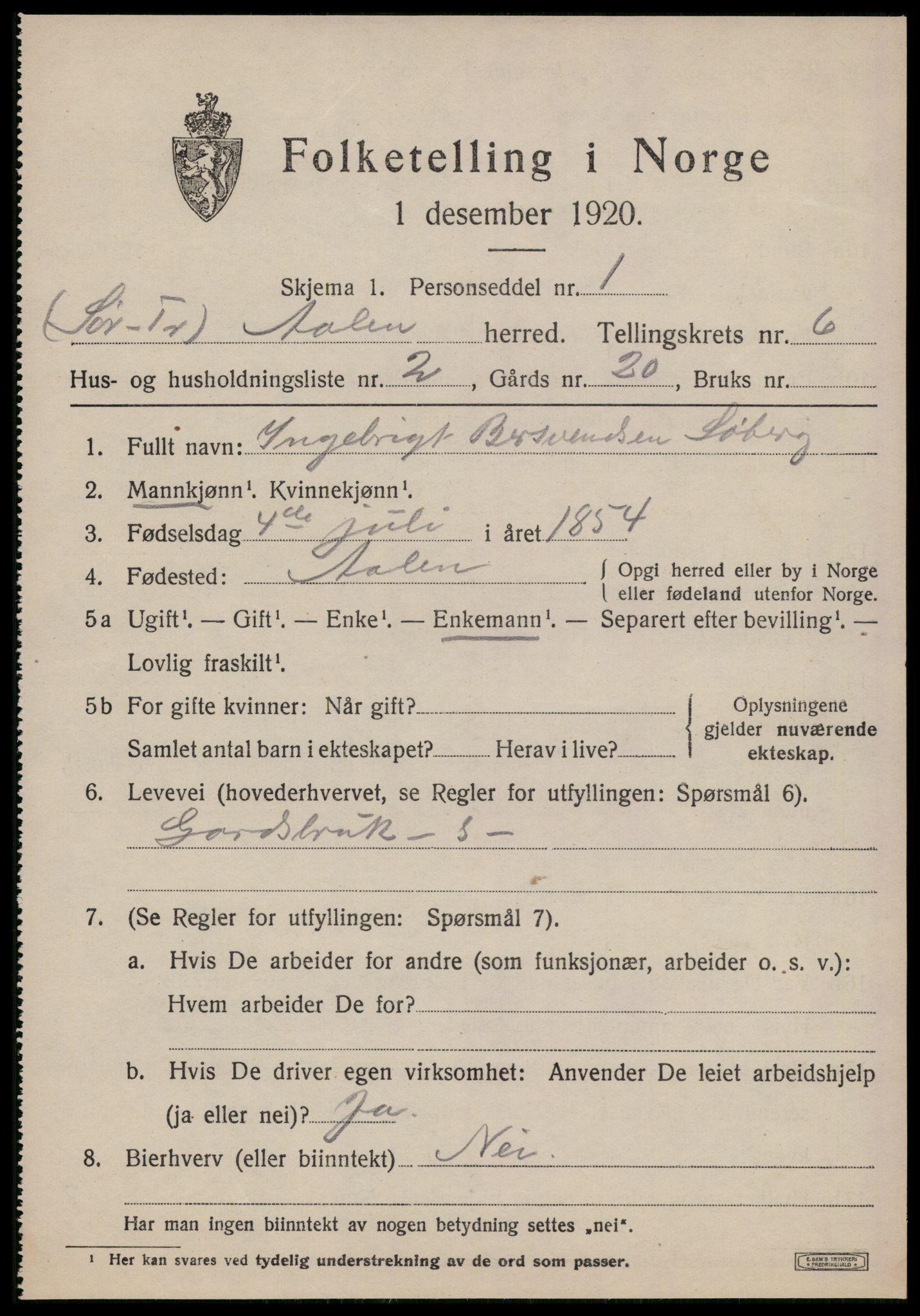 SAT, 1920 census for Ålen, 1920, p. 2930