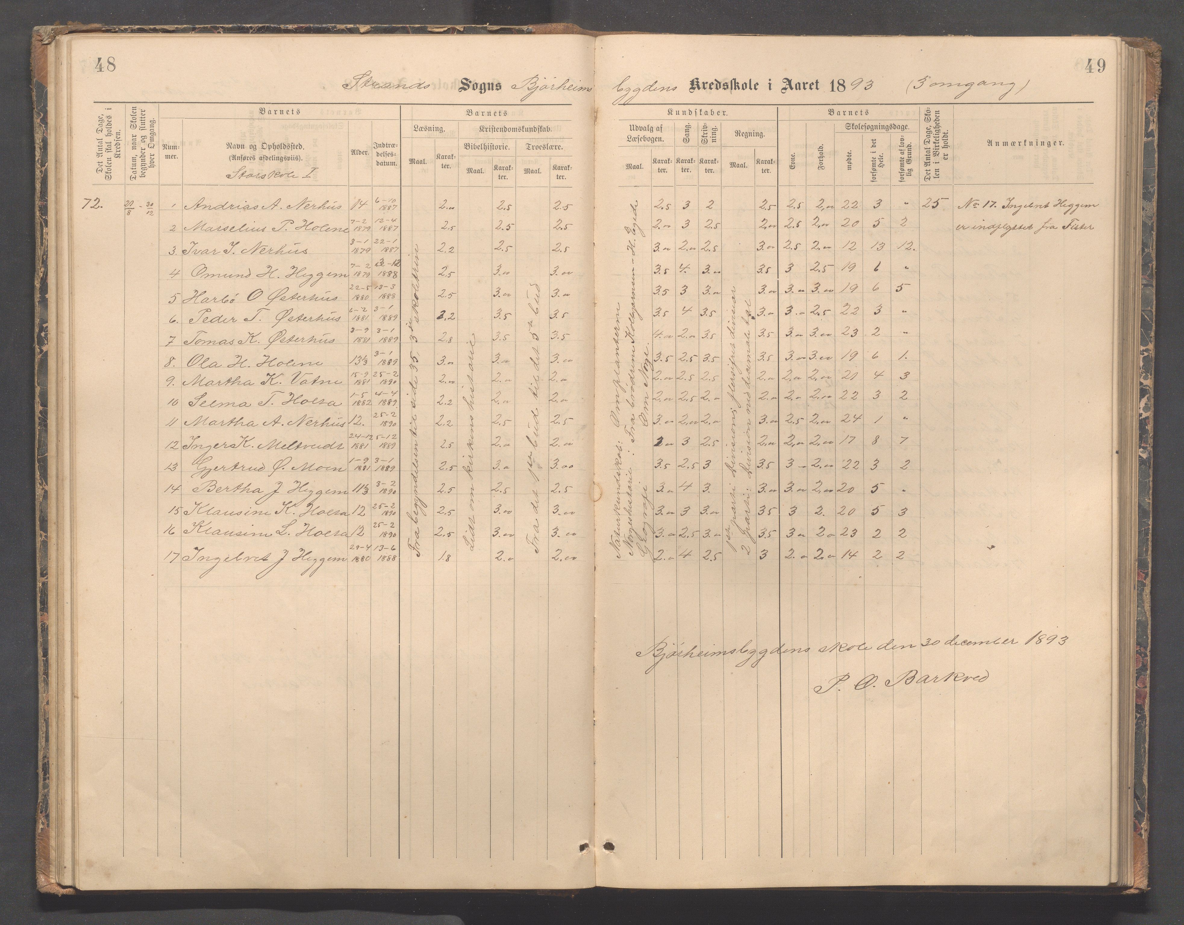 Strand kommune - Bjørheimsbygd skole, IKAR/A-147/H/L0002: Skoleprotokoll for Bjørheimsbygd og Lekvam krets, 1891-1907, p. 48-49