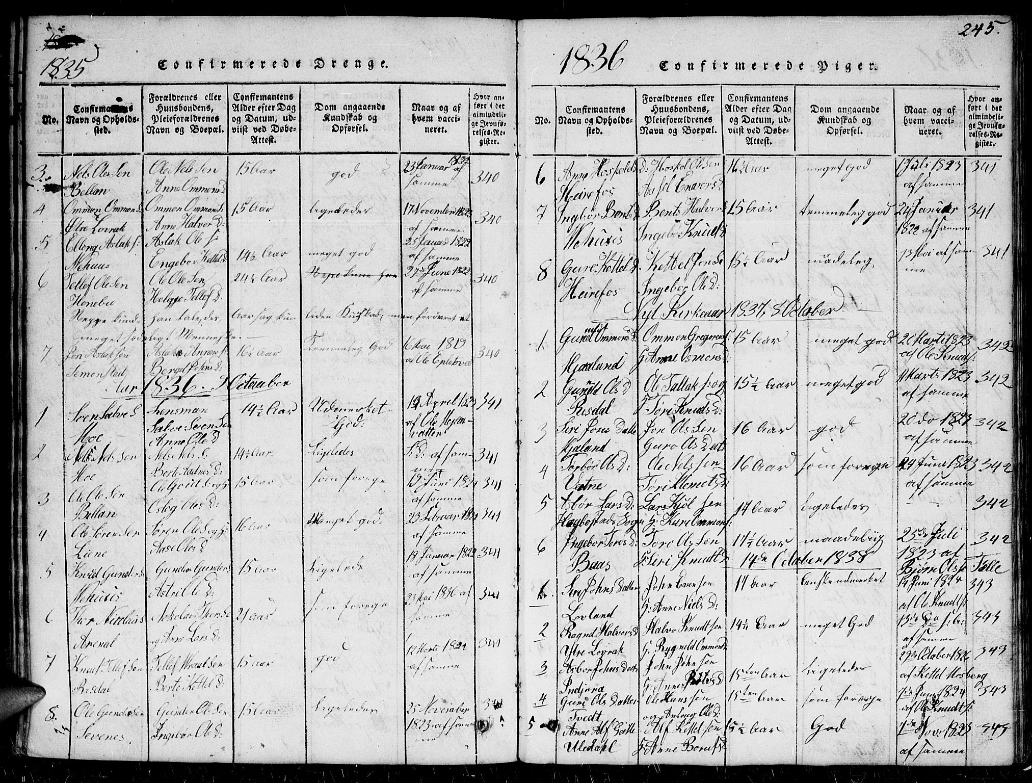Herefoss sokneprestkontor, SAK/1111-0019/F/Fb/Fbc/L0001: Parish register (copy) no. B 1, 1816-1866, p. 245