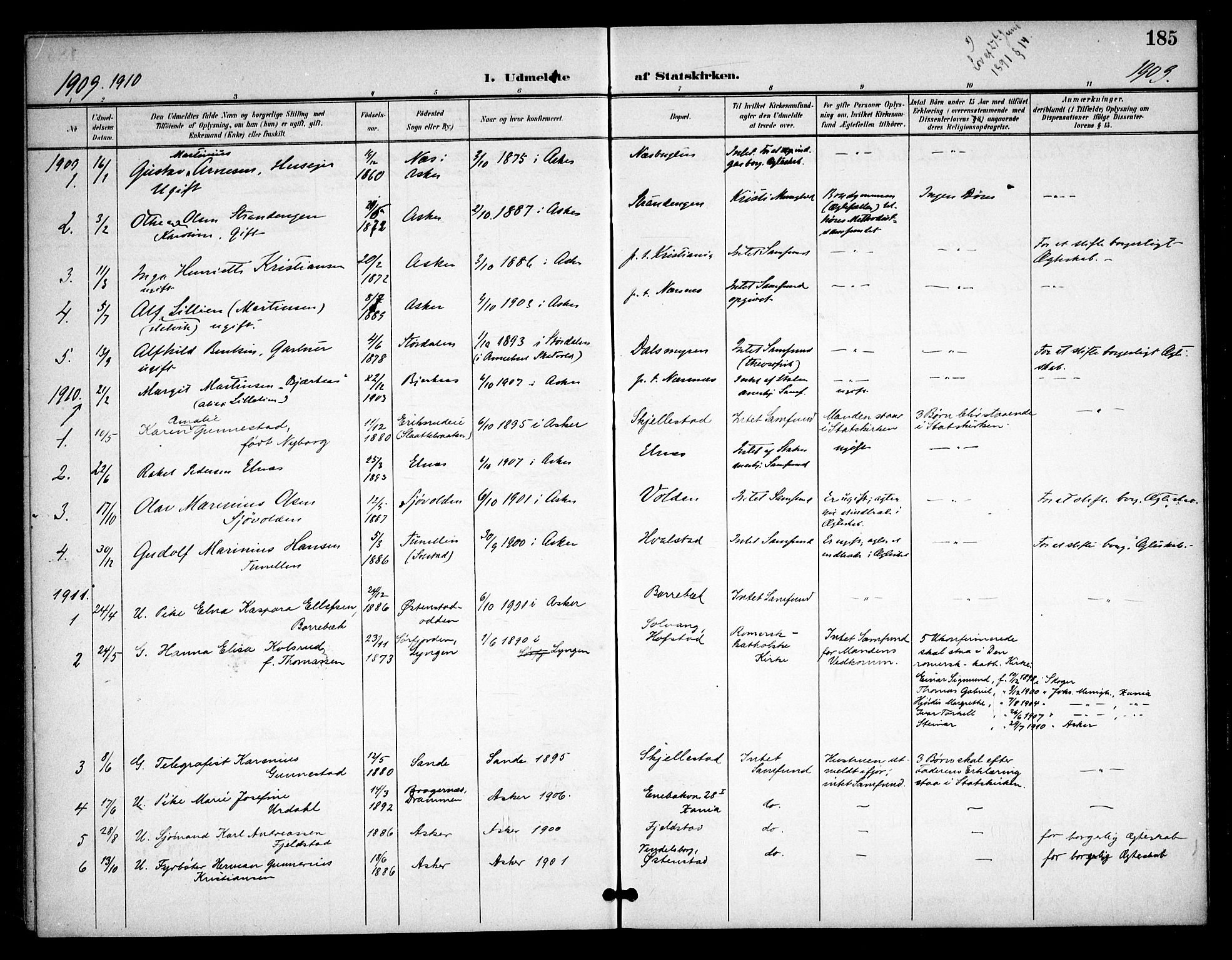 Asker prestekontor Kirkebøker, SAO/A-10256a/F/Fa/L0016: Parish register (official) no. I 16, 1900-1917, p. 185