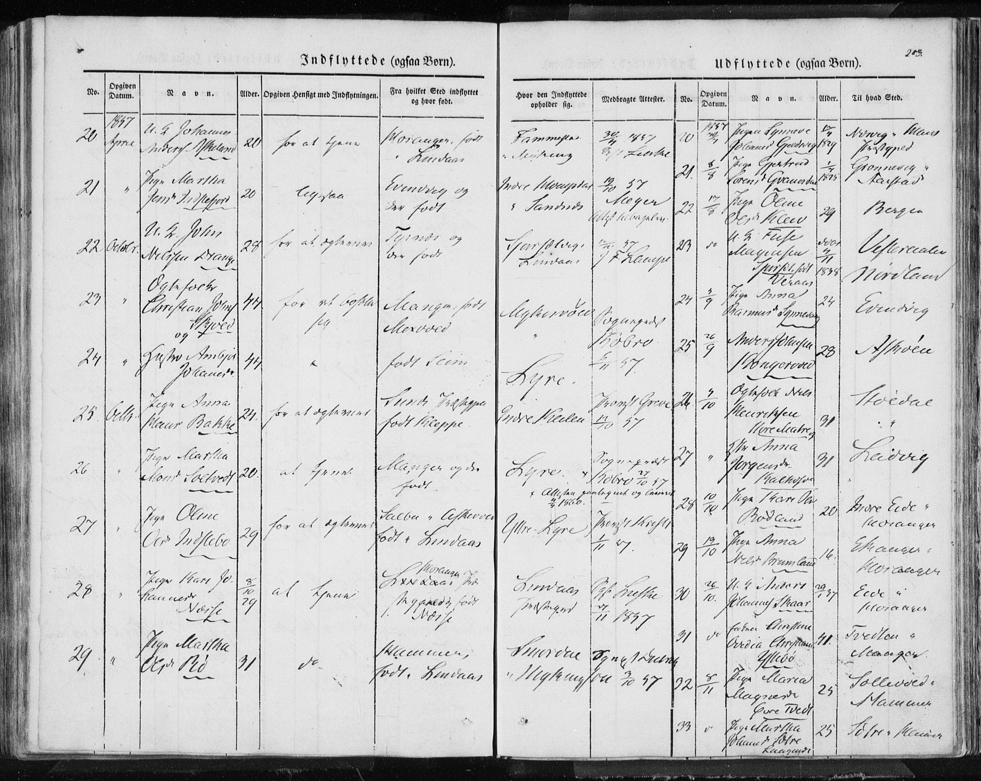 Lindås Sokneprestembete, AV/SAB-A-76701/H/Haa/Haaa/L0010: Parish register (official) no. A 10, 1842-1862, p. 203