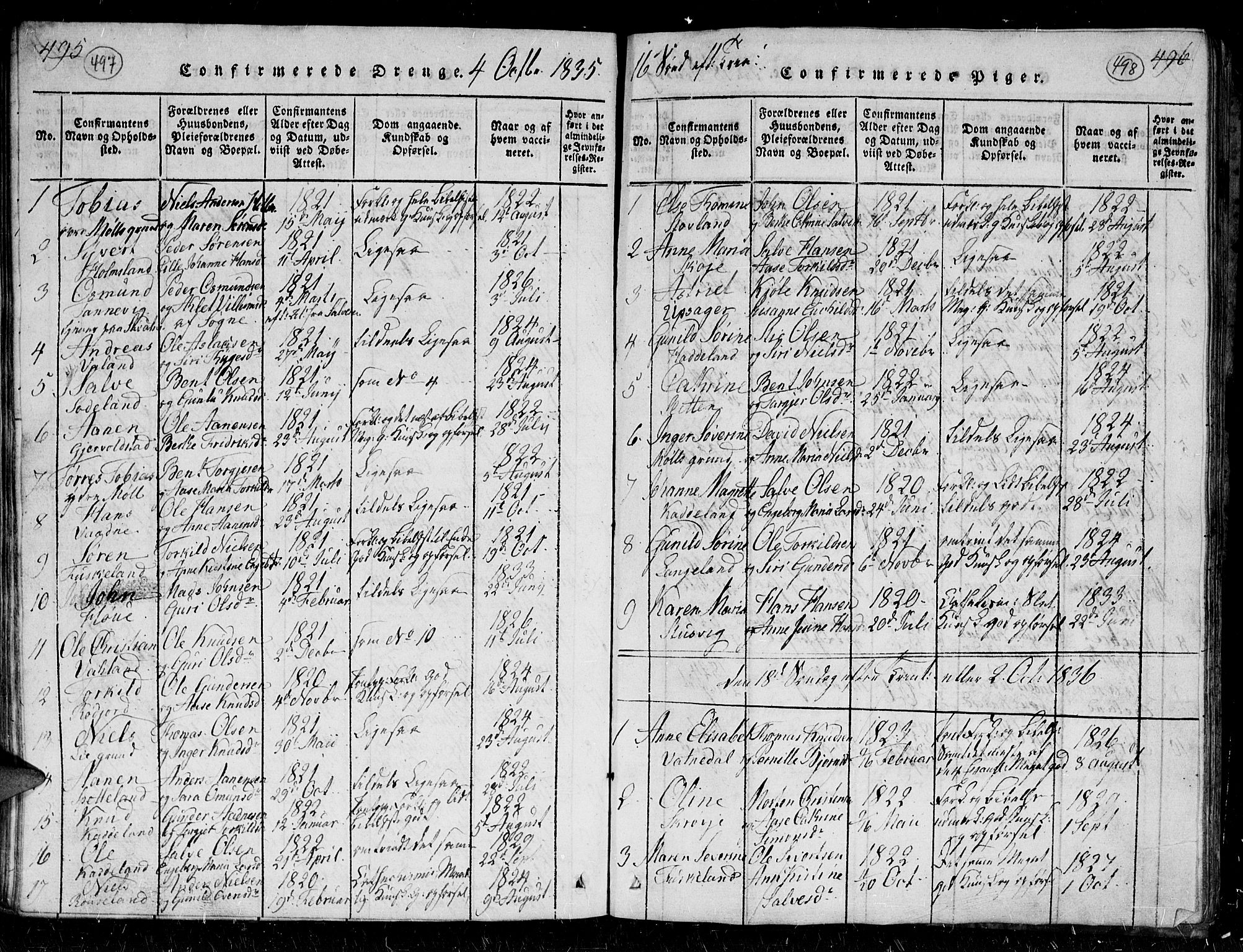 Holum sokneprestkontor, SAK/1111-0022/F/Fb/Fba/L0002: Parish register (copy) no. B 2, 1820-1849, p. 497-498