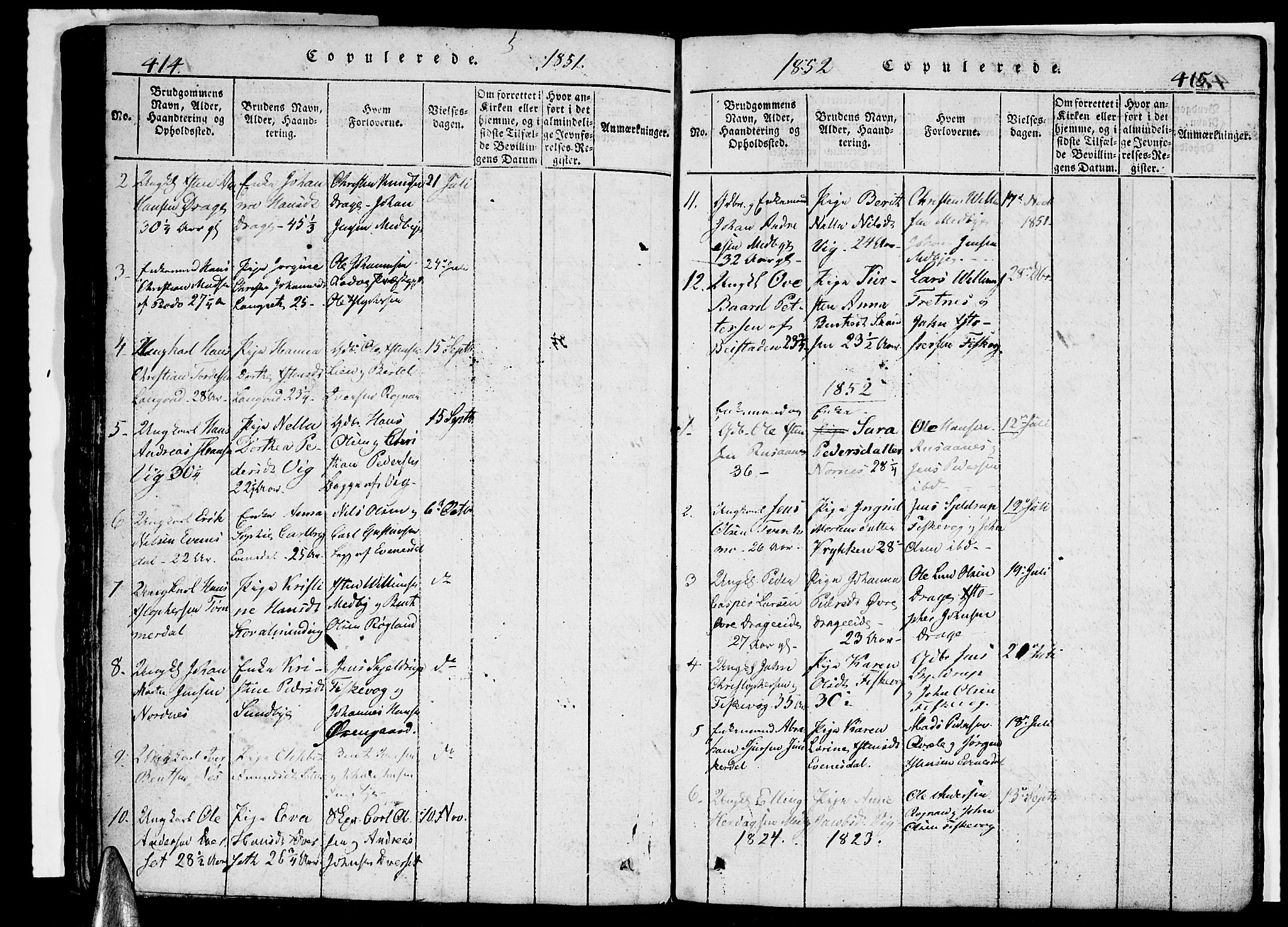 Ministerialprotokoller, klokkerbøker og fødselsregistre - Nordland, AV/SAT-A-1459/847/L0676: Parish register (copy) no. 847C04, 1821-1853, p. 414-415