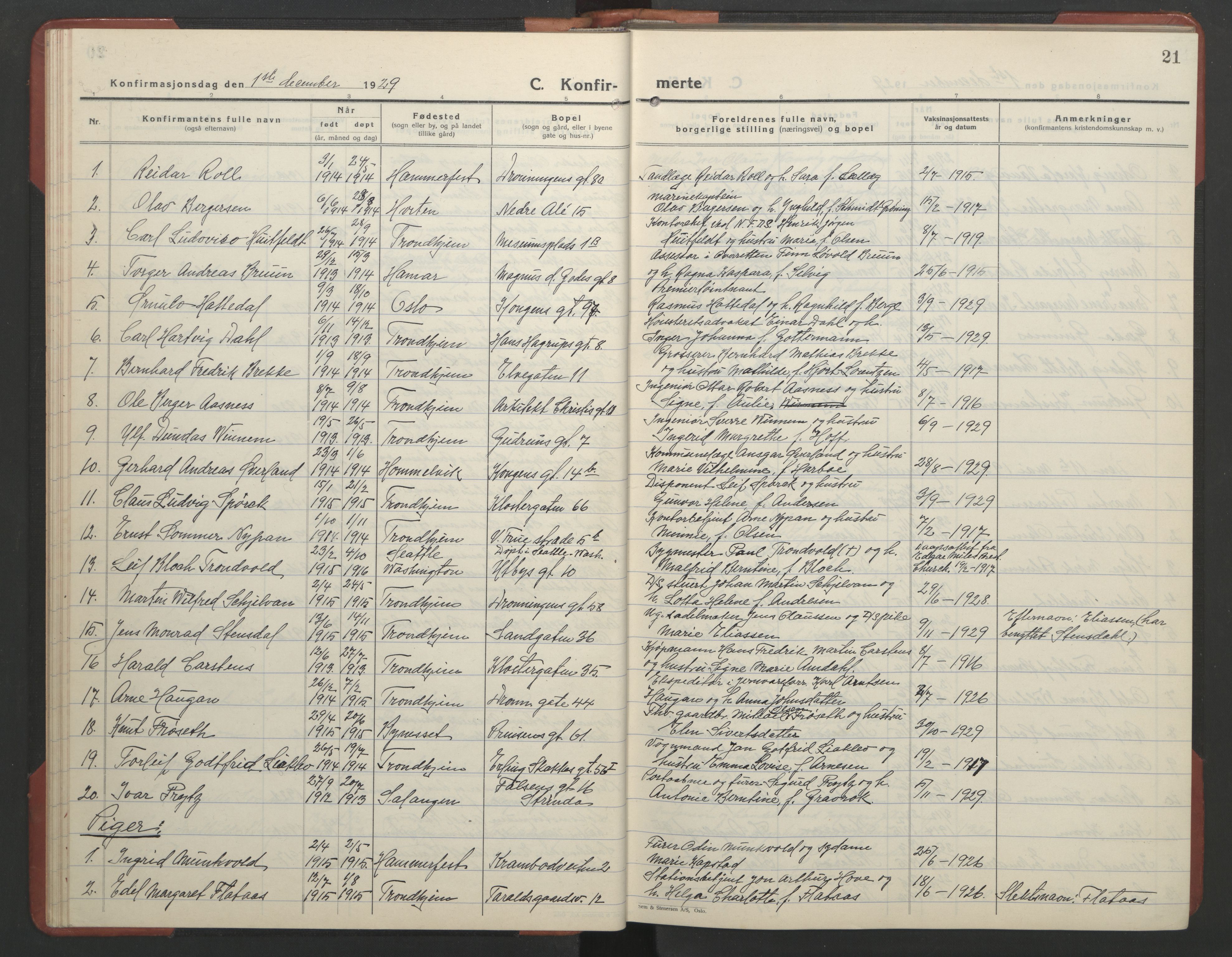 Ministerialprotokoller, klokkerbøker og fødselsregistre - Sør-Trøndelag, SAT/A-1456/602/L0151: Parish register (copy) no. 602C19, 1925-1951, p. 21