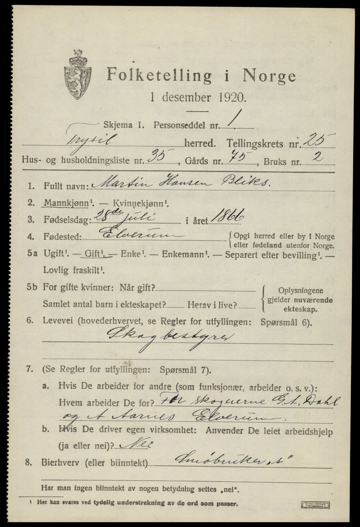 SAH, 1920 census for Trysil, 1920, p. 16103