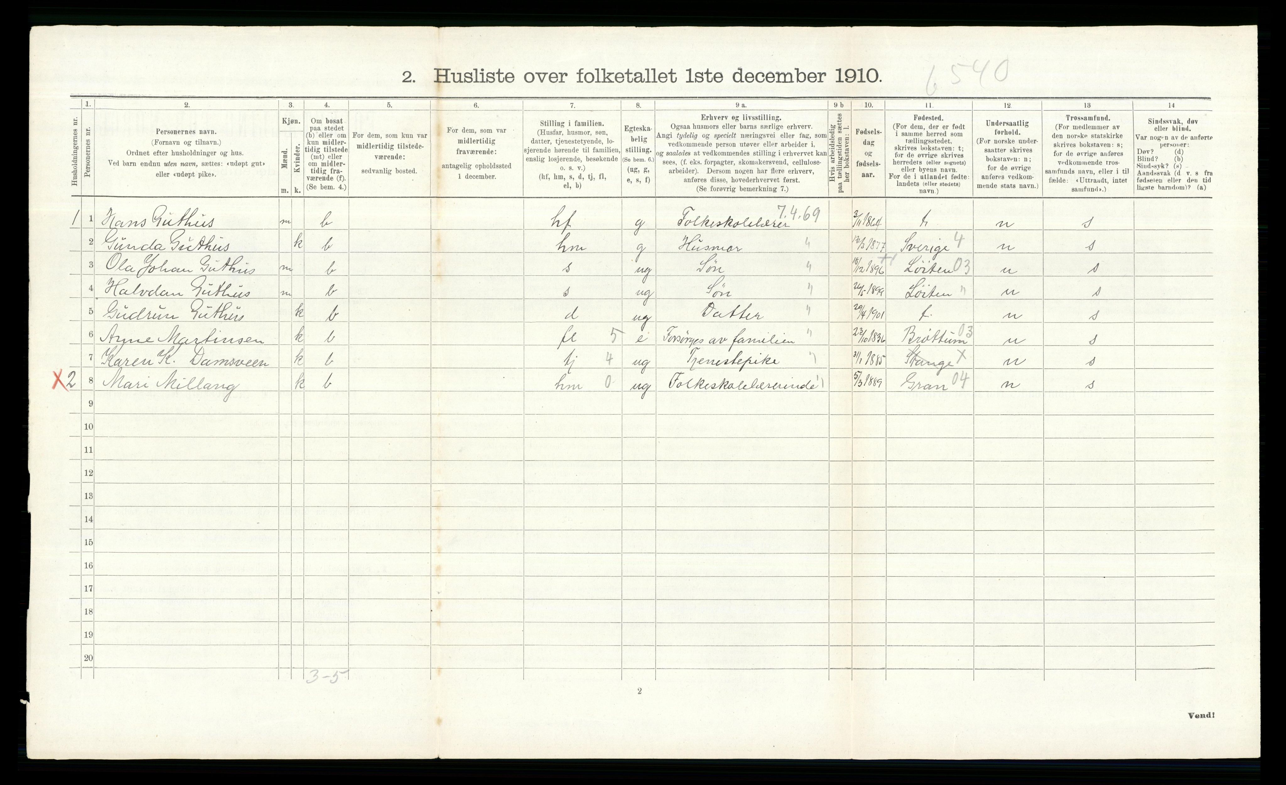 RA, 1910 census for Stange, 1910, p. 2307