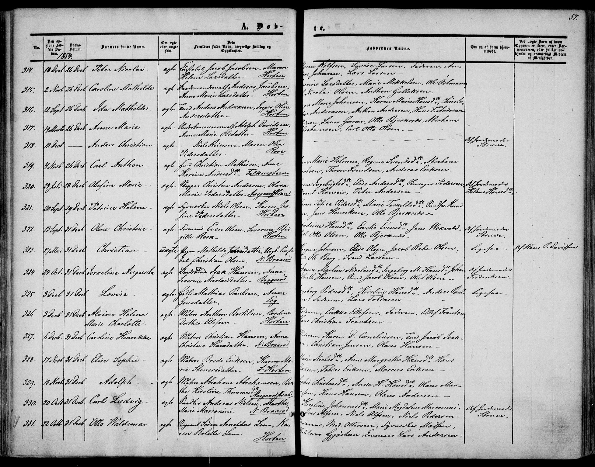 Borre kirkebøker, AV/SAKO-A-338/F/Fa/L0006: Parish register (official) no. I 6, 1852-1862, p. 57