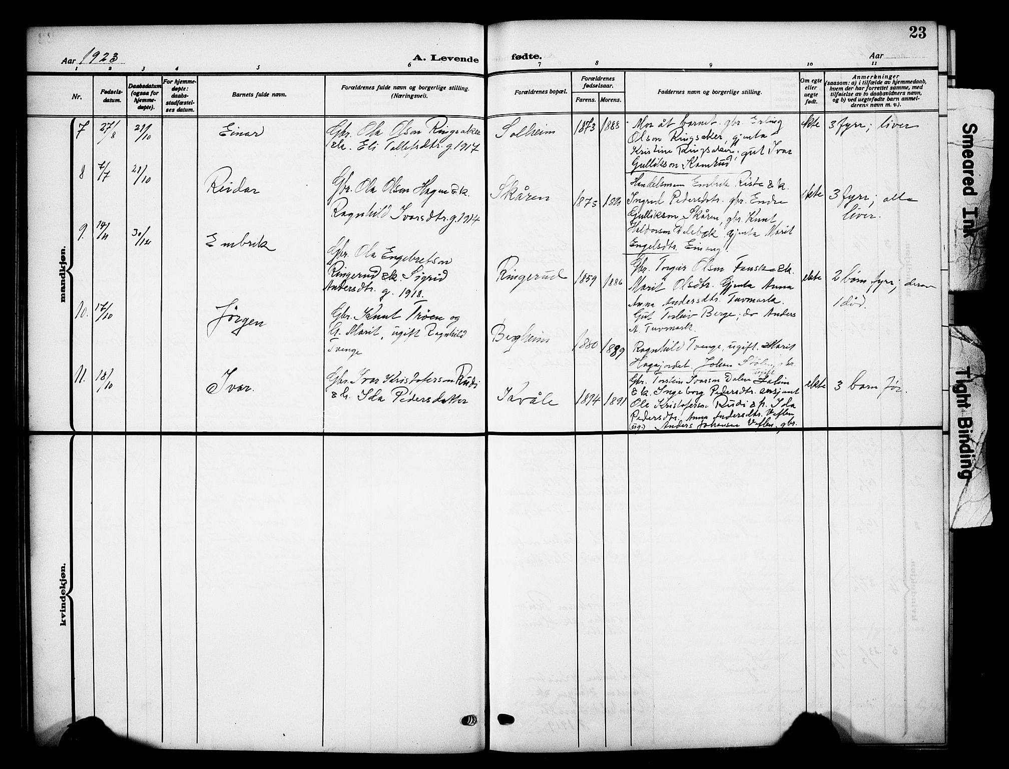 Vestre Slidre prestekontor, SAH/PREST-136/H/Ha/Hab/L0007: Parish register (copy) no. 7, 1909-1930, p. 23