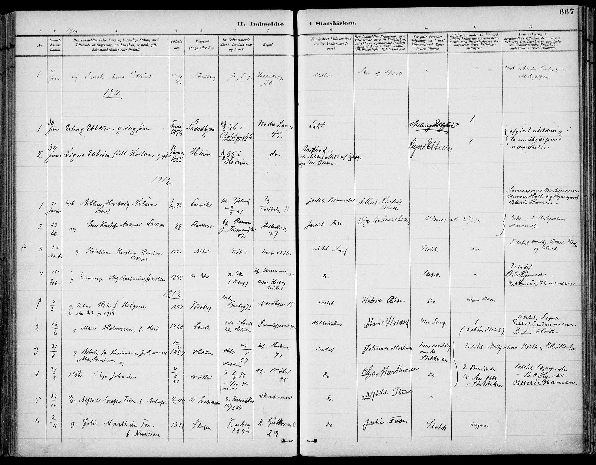 Tønsberg kirkebøker, AV/SAKO-A-330/F/Fa/L0013: Parish register (official) no. I 13, 1900-1913, p. 667