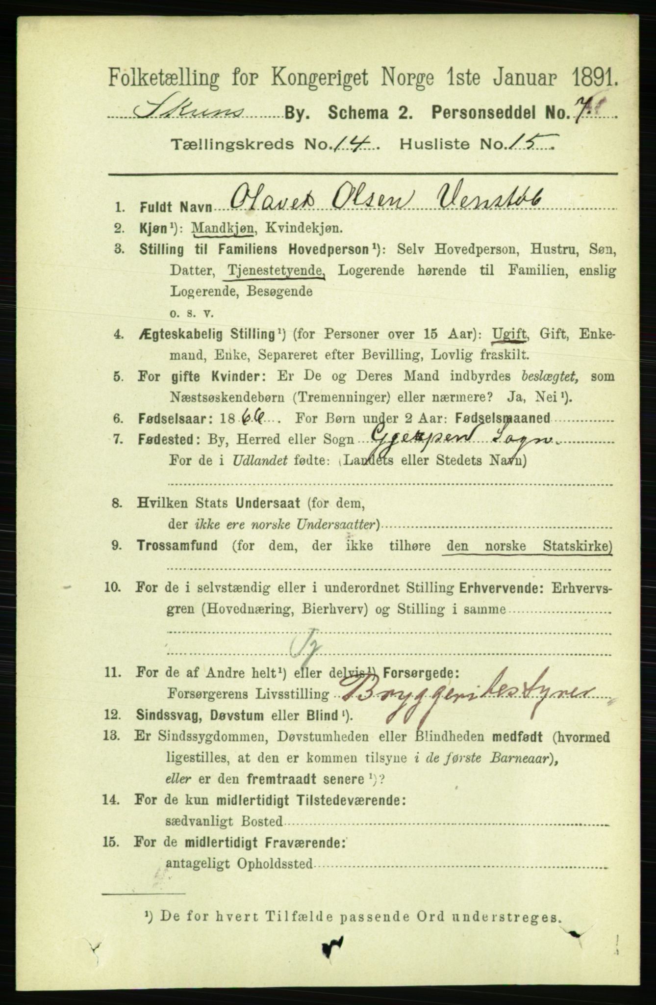 RA, 1891 census for 0806 Skien, 1891, p. 4410