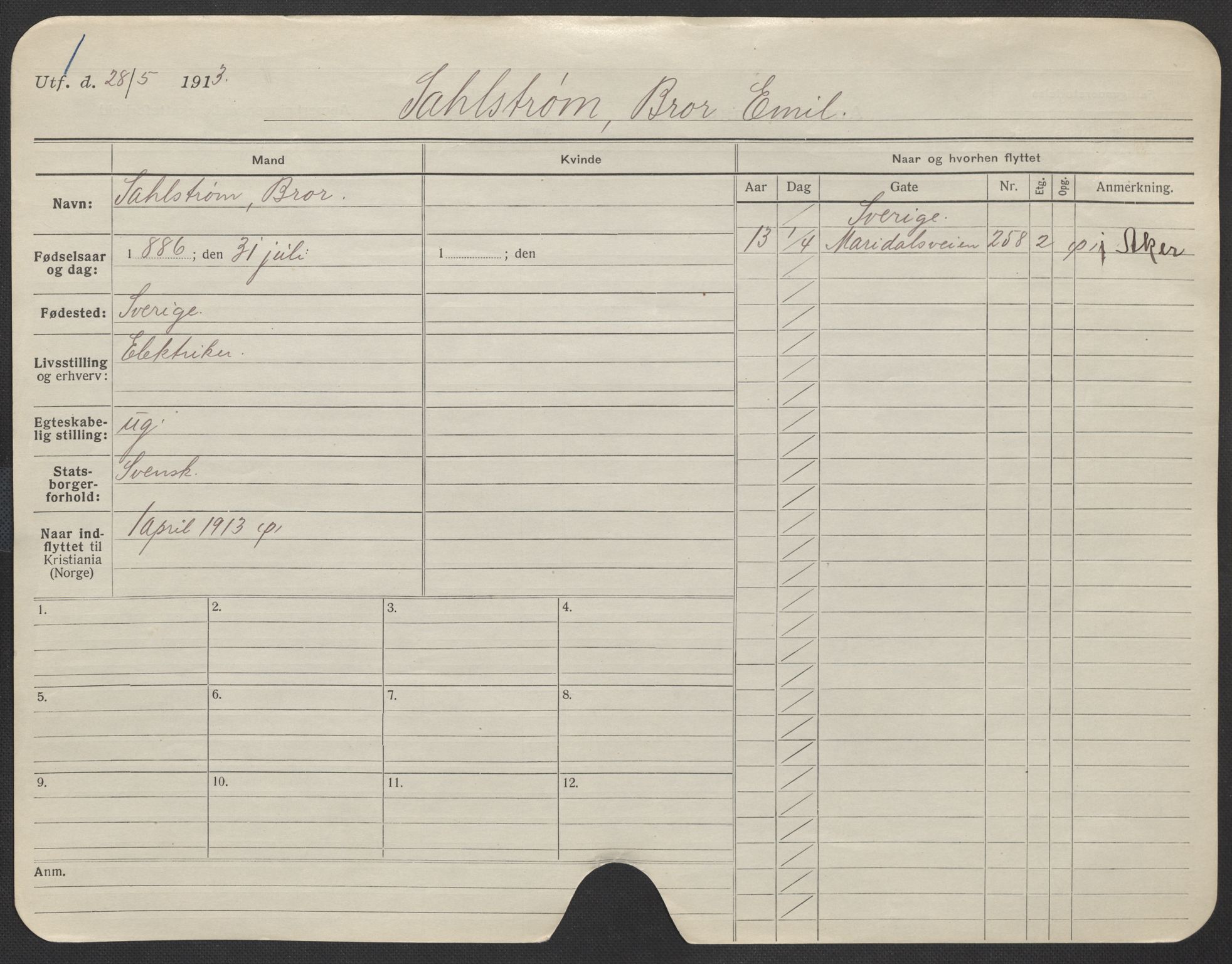 Oslo folkeregister, Registerkort, AV/SAO-A-11715/F/Fa/Fac/L0010: Menn, 1906-1914, p. 14a