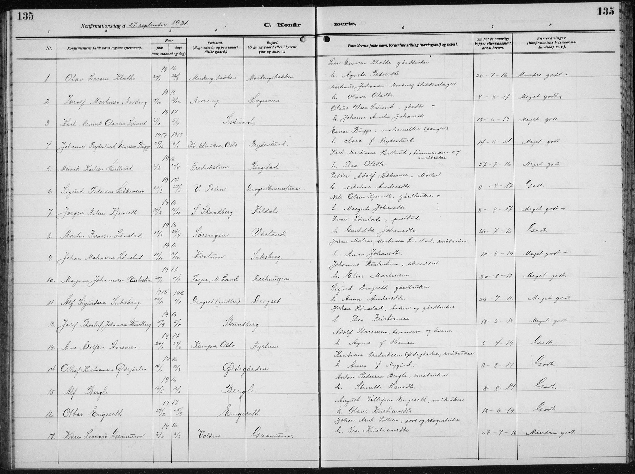 Biri prestekontor, SAH/PREST-096/H/Ha/Hab/L0007: Parish register (copy) no. 7, 1919-1941, p. 135