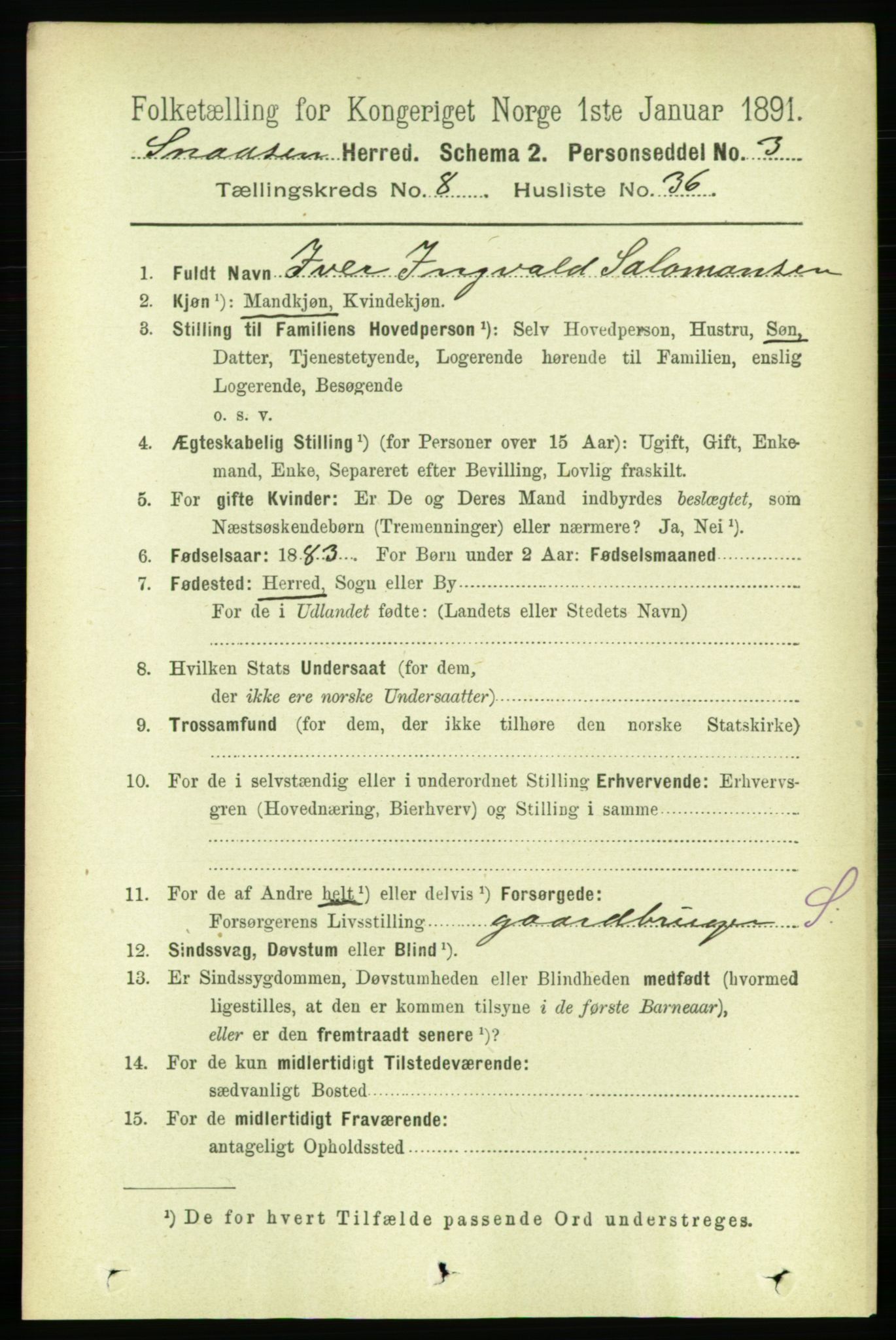 RA, 1891 census for 1736 Snåsa, 1891, p. 2926