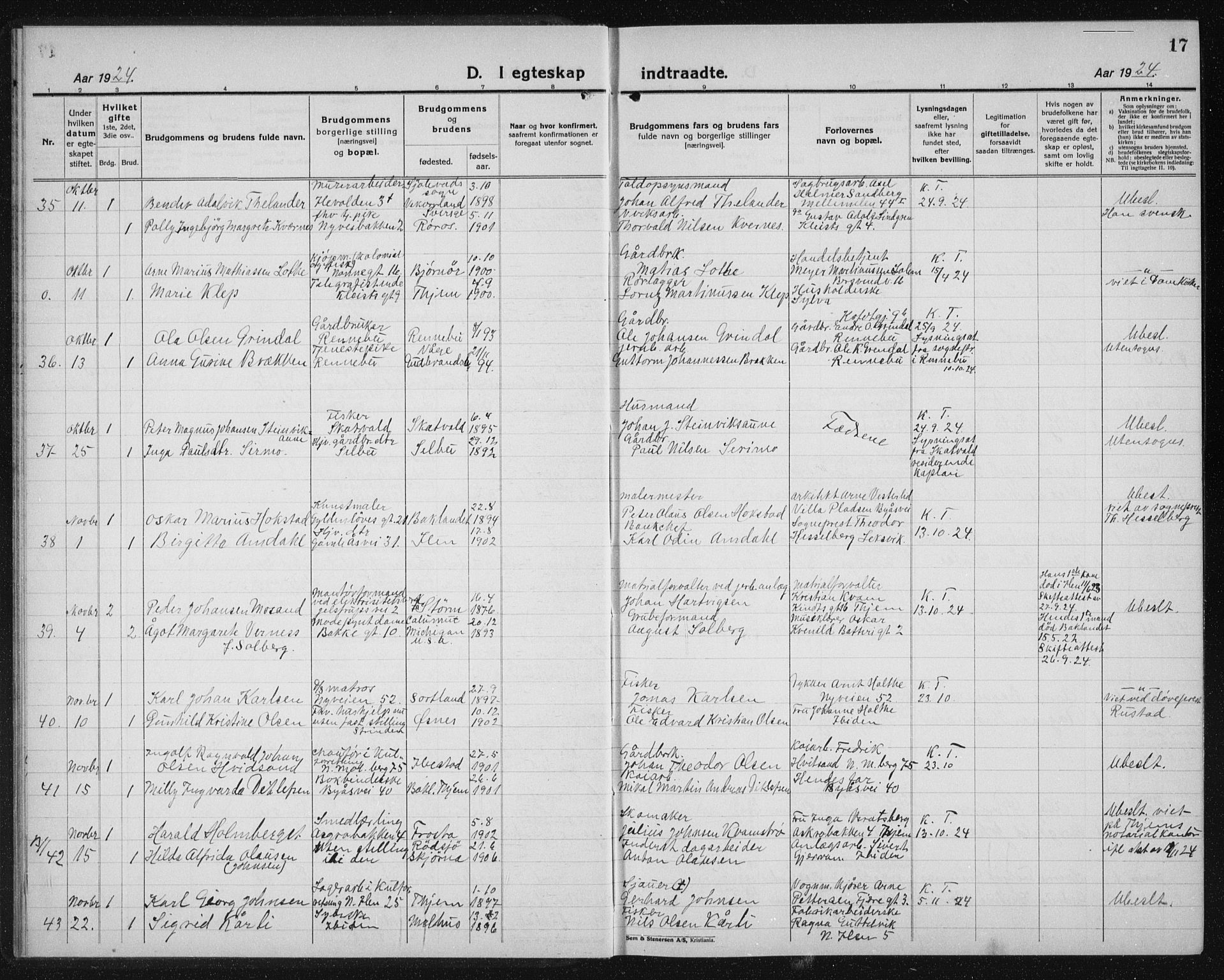 Ministerialprotokoller, klokkerbøker og fødselsregistre - Sør-Trøndelag, SAT/A-1456/603/L0176: Parish register (copy) no. 603C04, 1923-1941, p. 17