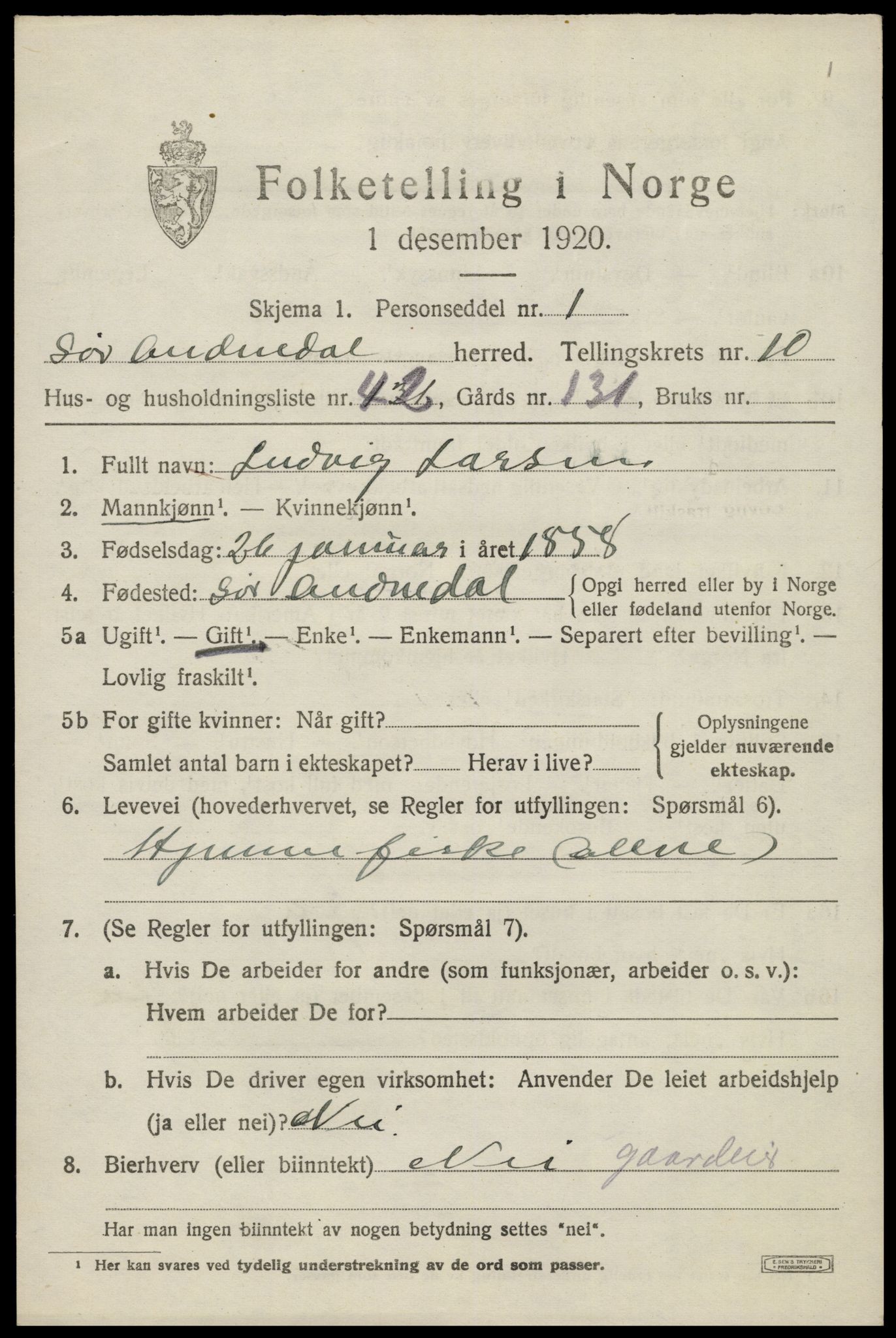 SAK, 1920 census for Sør-Audnedal, 1920, p. 4191