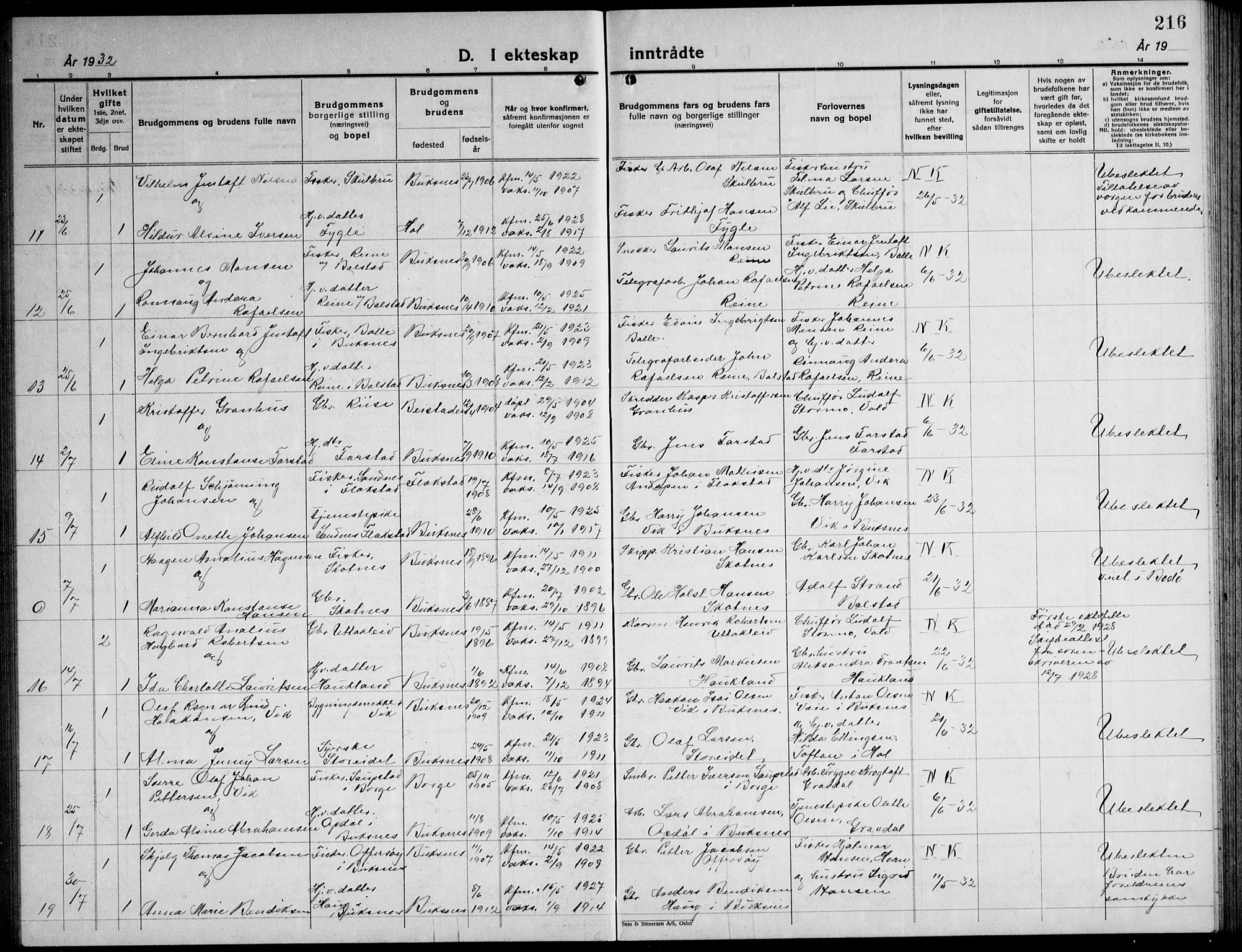 Ministerialprotokoller, klokkerbøker og fødselsregistre - Nordland, AV/SAT-A-1459/881/L1170: Parish register (copy) no. 881C07, 1930-1943, p. 216