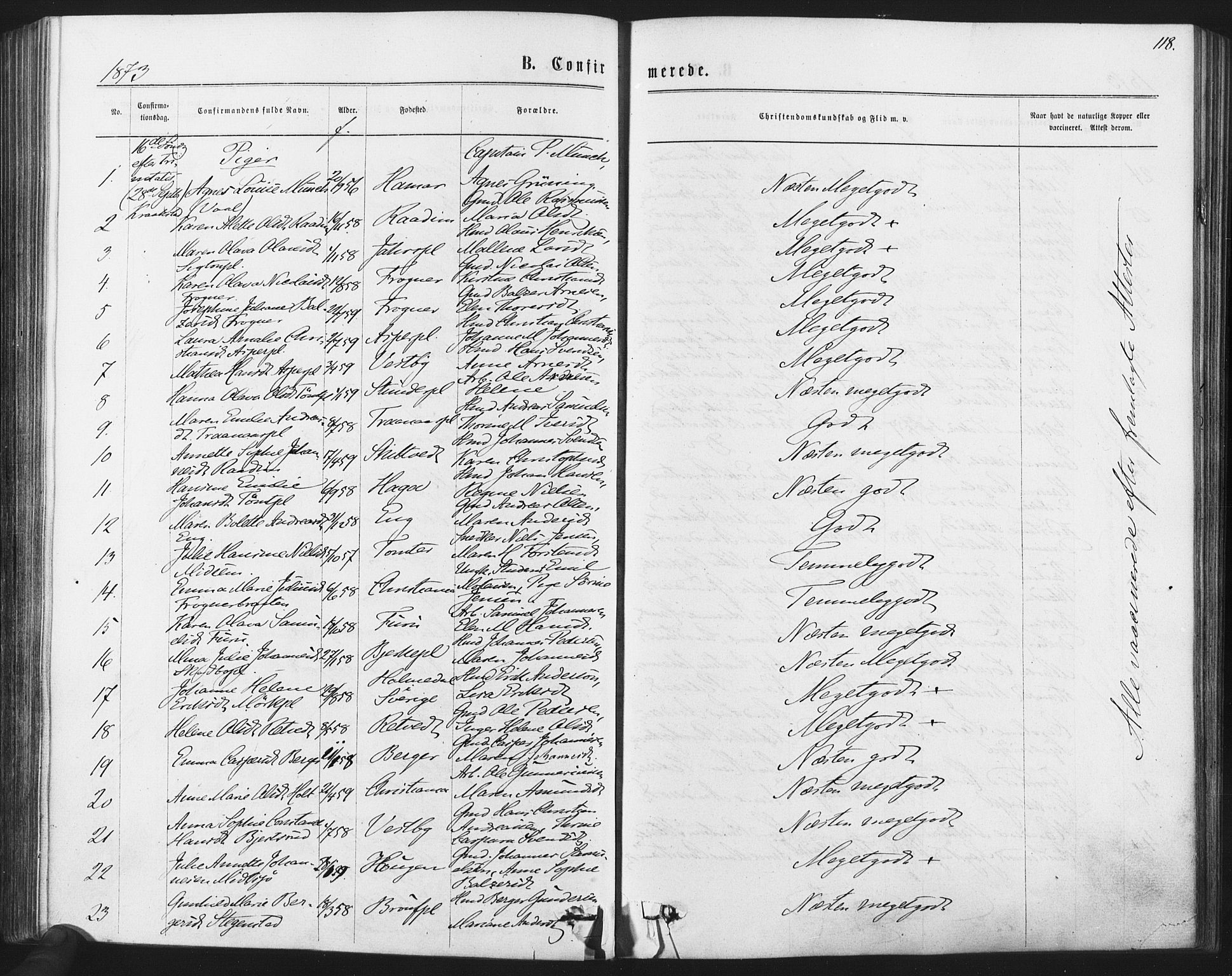 Kråkstad prestekontor Kirkebøker, AV/SAO-A-10125a/F/Fa/L0008: Parish register (official) no. I 8, 1870-1879, p. 118