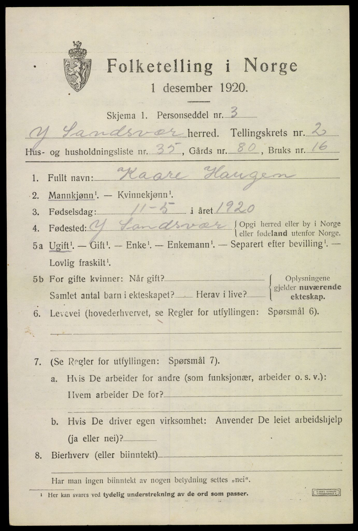 SAKO, 1920 census for Ytre Sandsvær, 1920, p. 3020