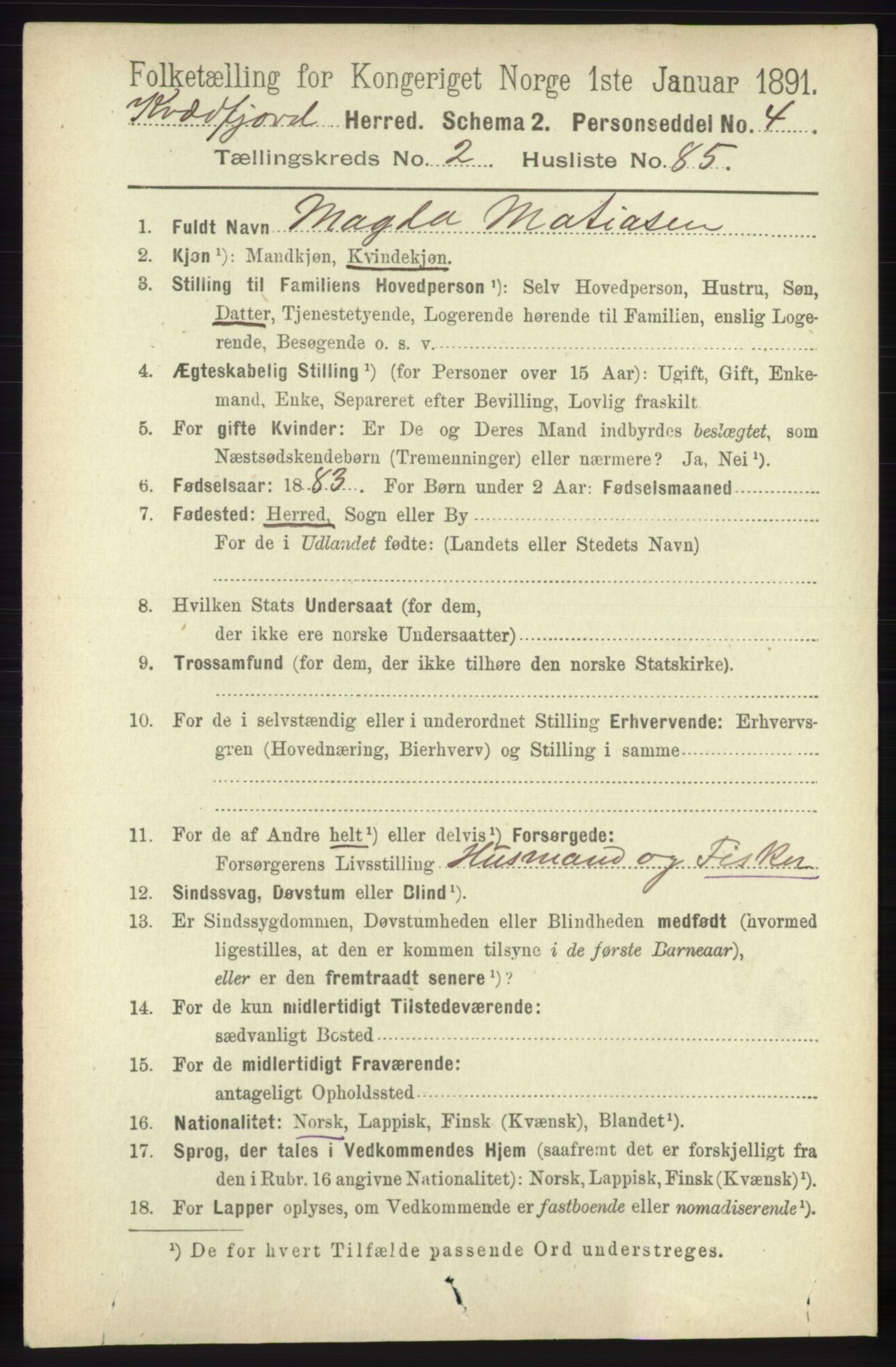 RA, 1891 census for 1911 Kvæfjord, 1891, p. 1218