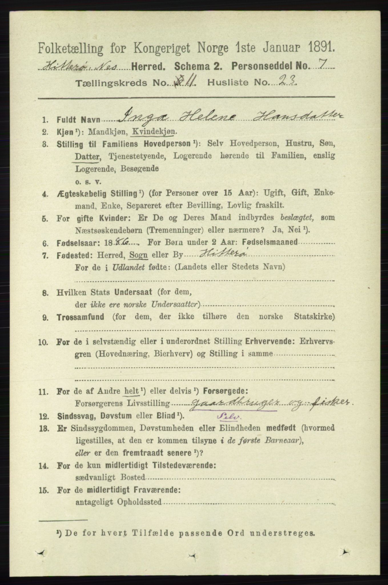 RA, 1891 census for 1043 Hidra og Nes, 1891, p. 4606