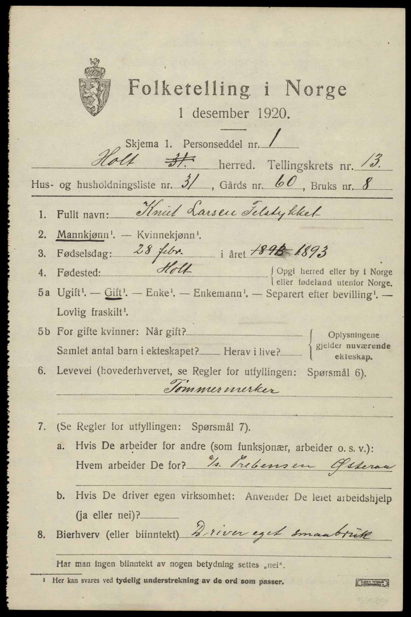 SAK, 1920 census for Holt, 1920, p. 7954