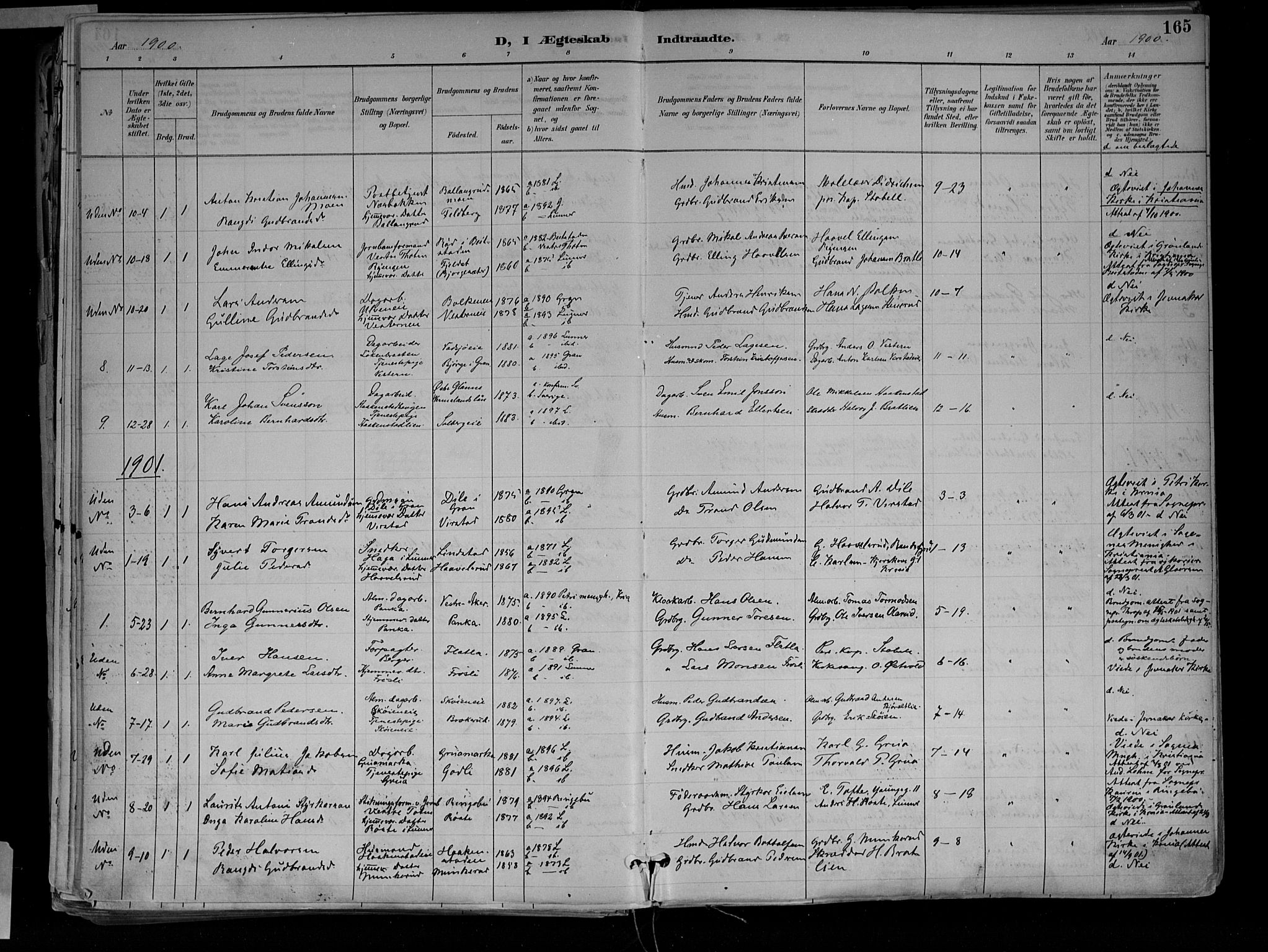Jevnaker prestekontor, SAH/PREST-116/H/Ha/Haa/L0010: Parish register (official) no. 10, 1891-1906, p. 165