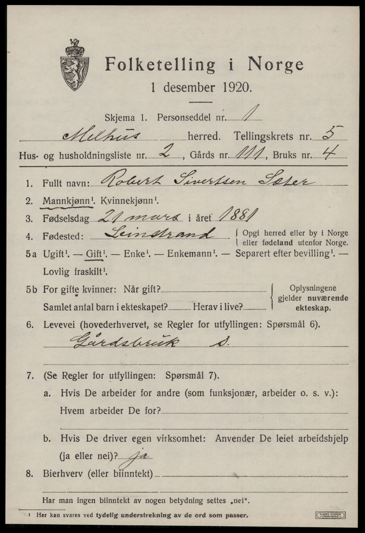 SAT, 1920 census for Melhus, 1920, p. 4953