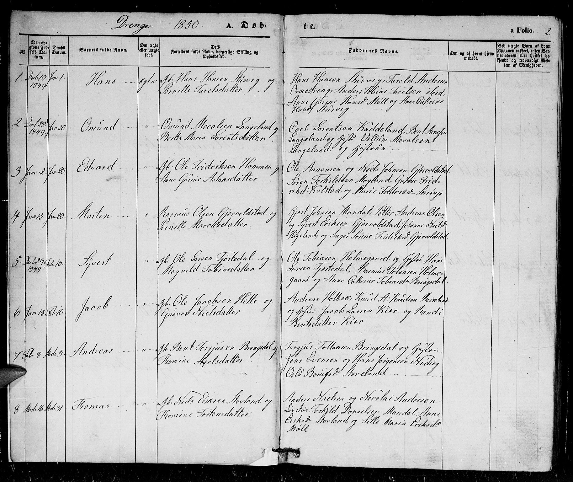 Holum sokneprestkontor, SAK/1111-0022/F/Fb/Fba/L0003: Parish register (copy) no. B 3, 1850-1866, p. 2