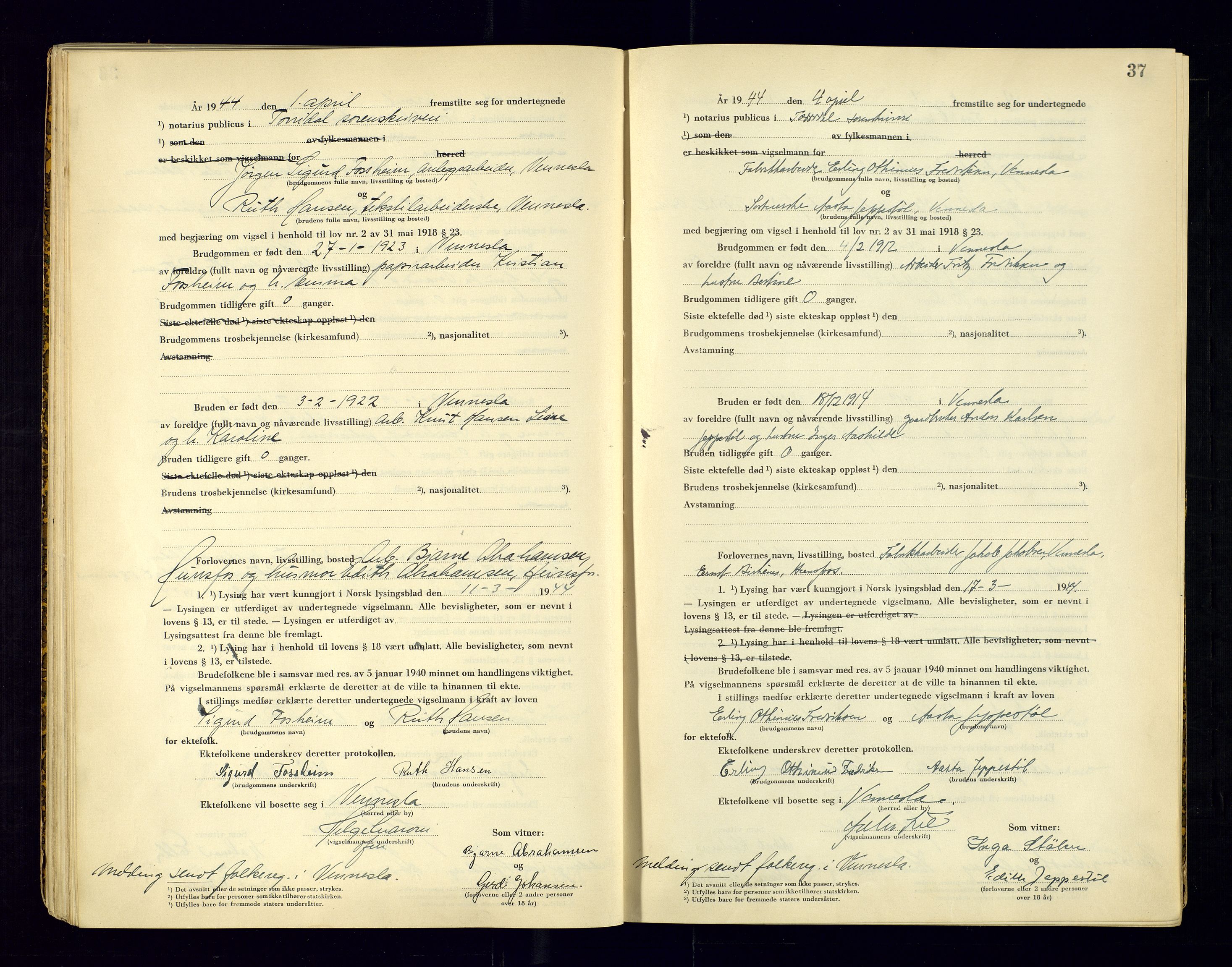 Torridal sorenskriveri, AV/SAK-1221-0012/L/Ld/L0004: Vigselbok nr. 2, 1943-1946, p. 37