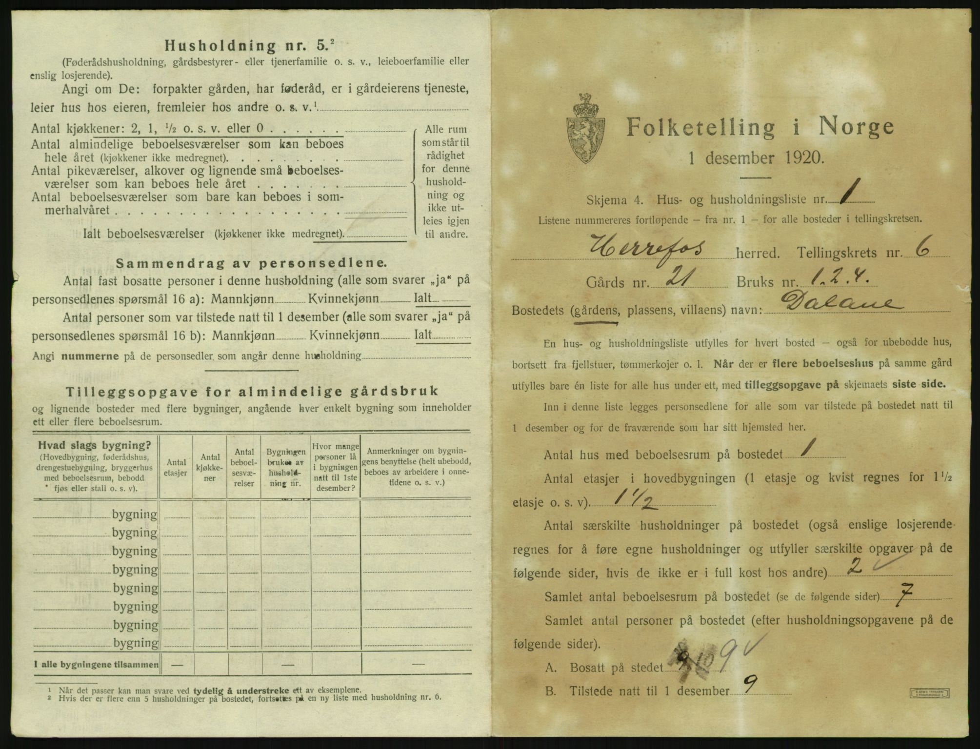 SAK, 1920 census for Herefoss, 1920, p. 192