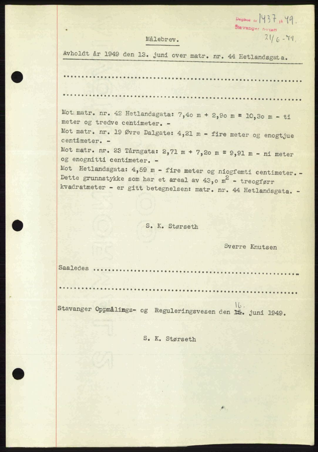 Stavanger byrett, SAST/A-100455/002/G/Gb/L0023: Mortgage book no. A12, 1948-1949, Diary no: : 1437/1949