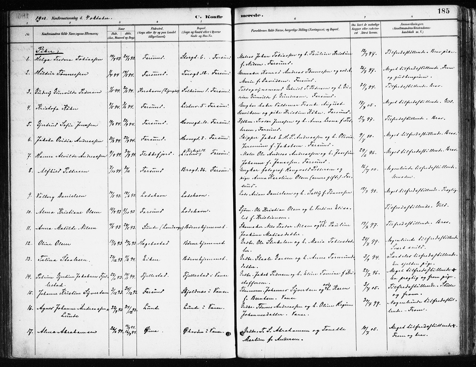 Farsund sokneprestkontor, AV/SAK-1111-0009/F/Fa/L0006: Parish register (official) no. A 6, 1887-1920, p. 185