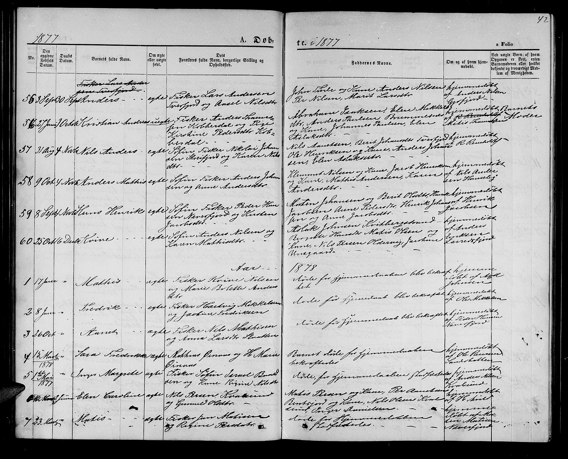 Hammerfest sokneprestkontor, SATØ/S-1347/H/Hb/L0005.klokk: Parish register (copy) no. 5, 1869-1884, p. 42