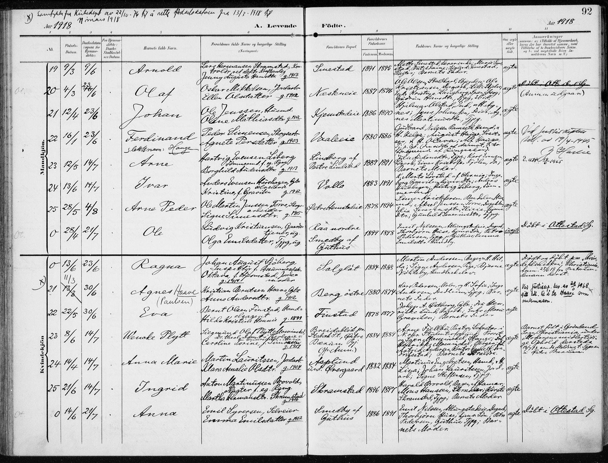 Stange prestekontor, AV/SAH-PREST-002/K/L0024: Parish register (official) no. 24, 1906-1922, p. 92