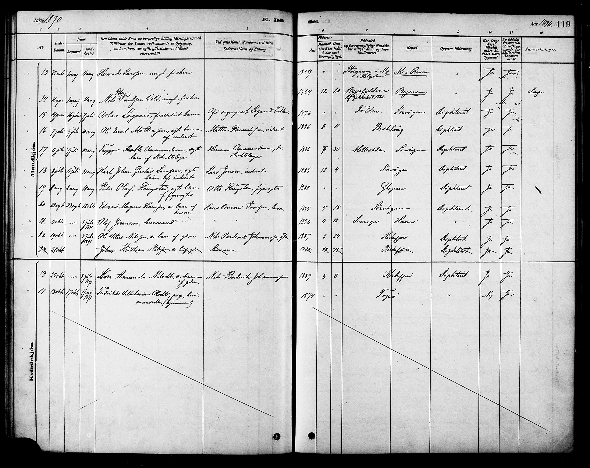 Ministerialprotokoller, klokkerbøker og fødselsregistre - Nordland, AV/SAT-A-1459/886/L1219: Parish register (official) no. 886A01, 1878-1892, p. 119
