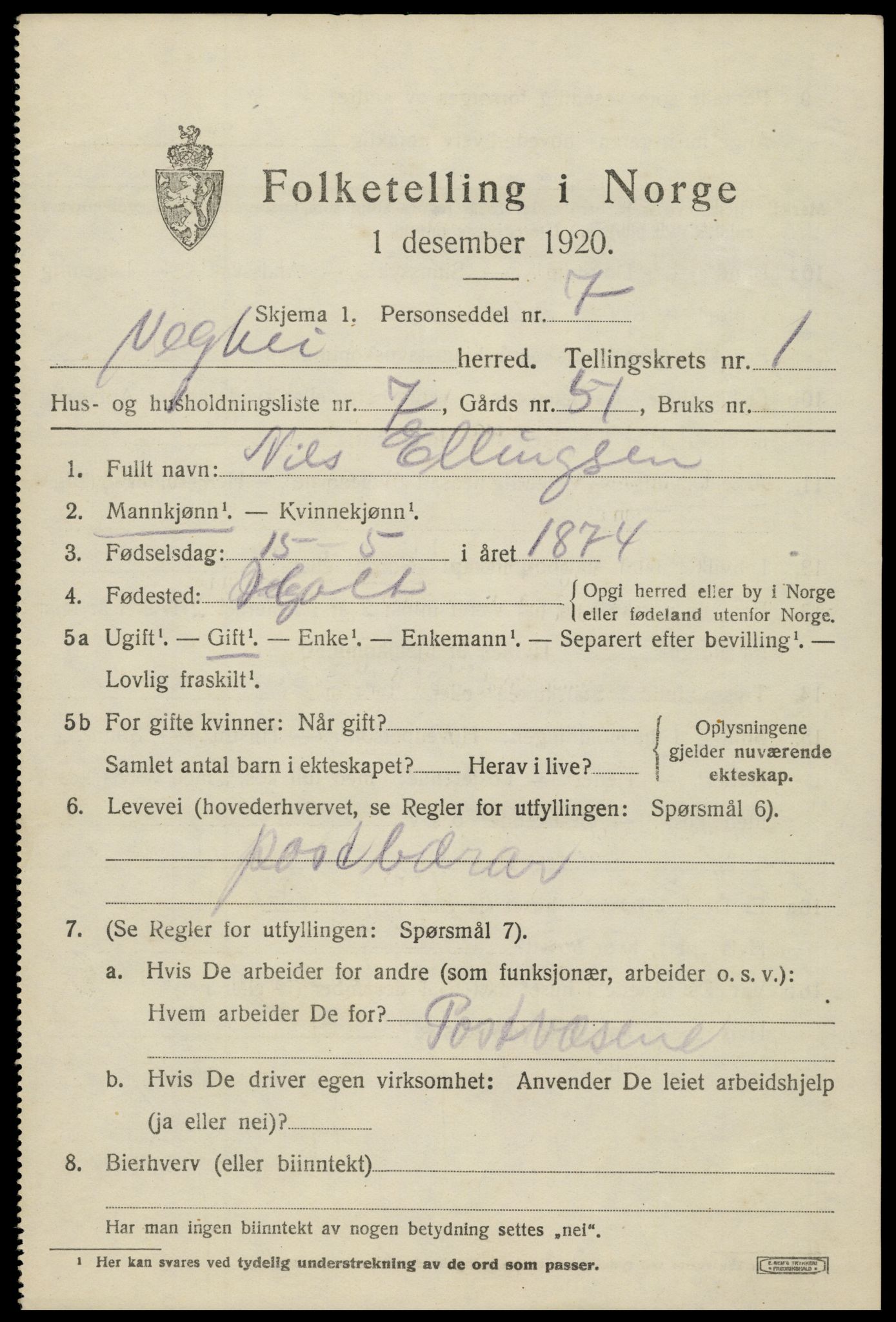 SAK, 1920 census for Vegårshei, 1920, p. 762