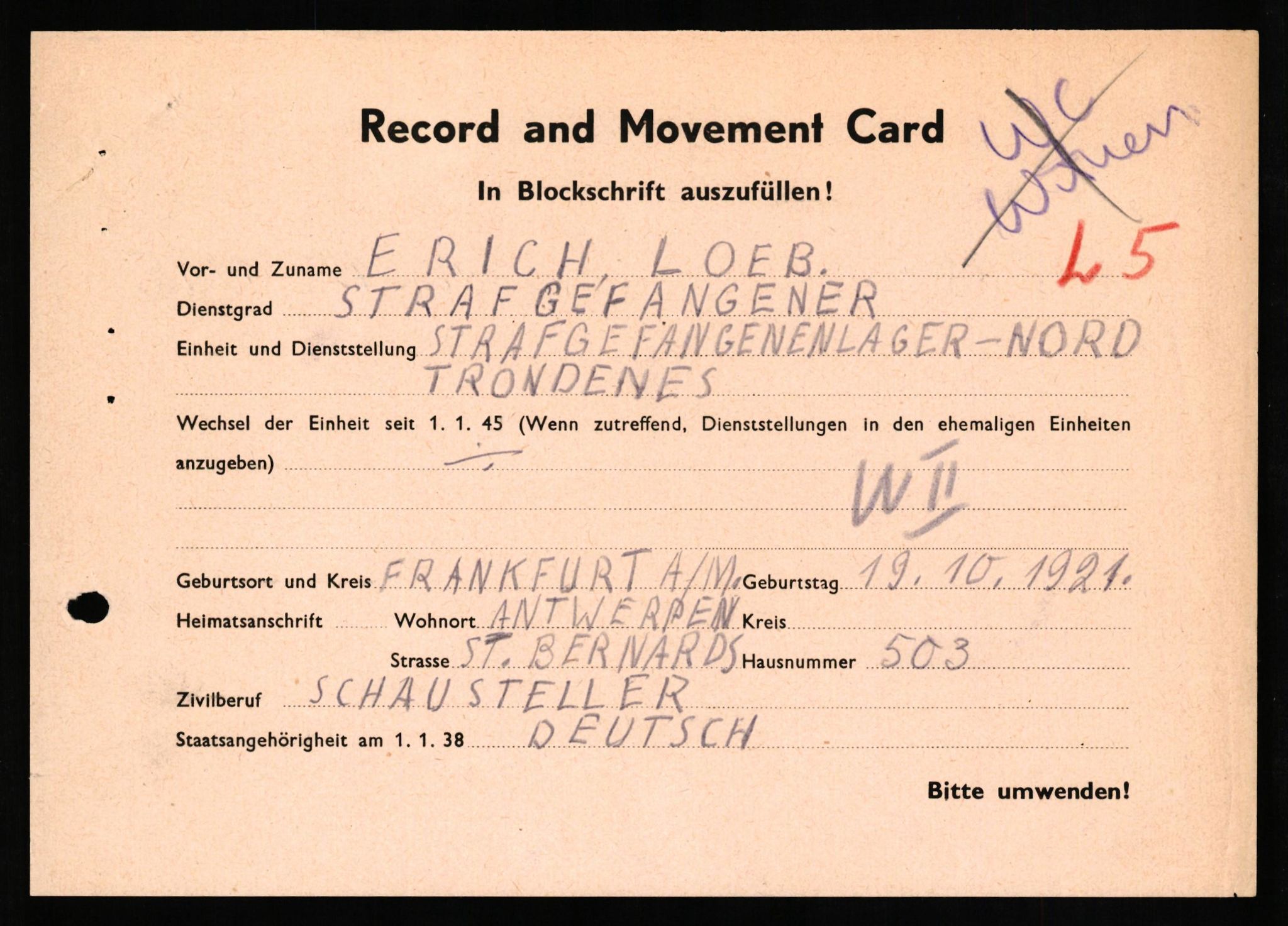 Forsvaret, Forsvarets overkommando II, RA/RAFA-3915/D/Db/L0020: CI Questionaires. Tyske okkupasjonsstyrker i Norge. Tyskere., 1945-1946, p. 268