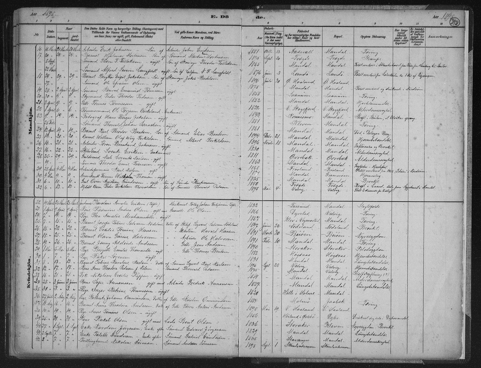 Mandal sokneprestkontor, SAK/1111-0030/F/Fb/Fba/L0011: Parish register (copy) no. B 5, 1880-1898, p. 392