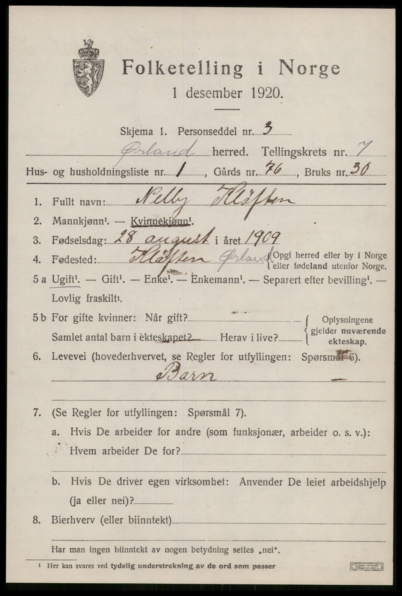 SAT, 1920 census for Ørland, 1920, p. 6097